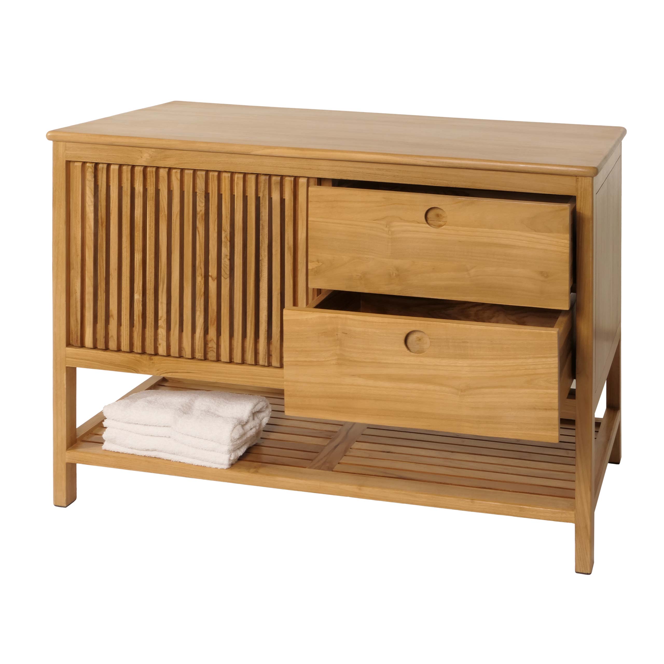 Teak-Waschbeckenunterschrank MCW-M70, Waschtisch Schrank, hochwertiges B-Grade-Teak (Kernholz, 20-30 Jahre), 81x106x55cm 