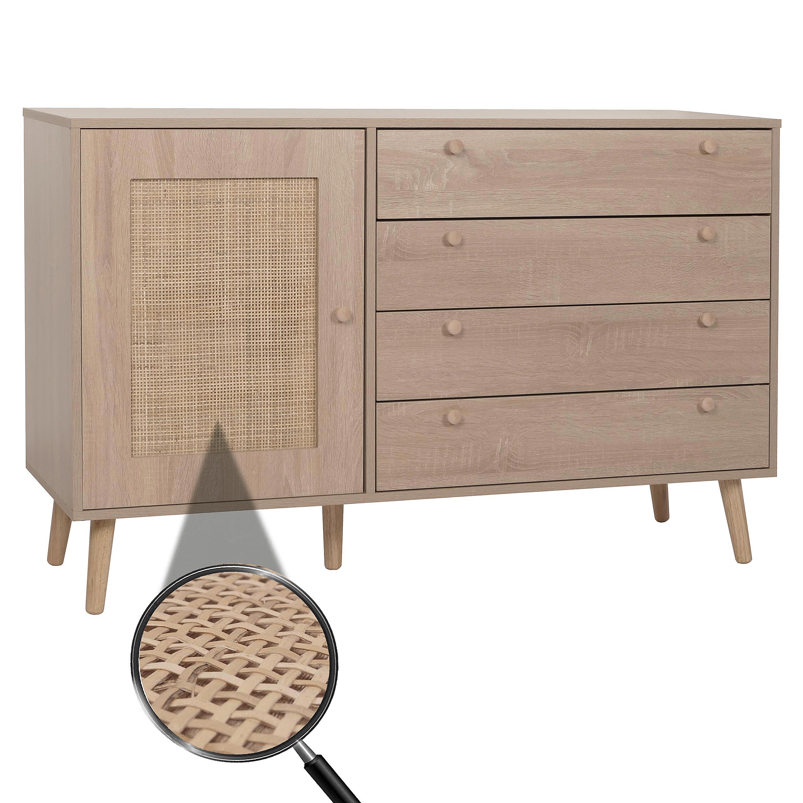 Sideboard MCW-M43, Schrank Kommode Highboard, Schubladen Staufach, Kubu Rattan Holz Melamin, Eiche-Optik 