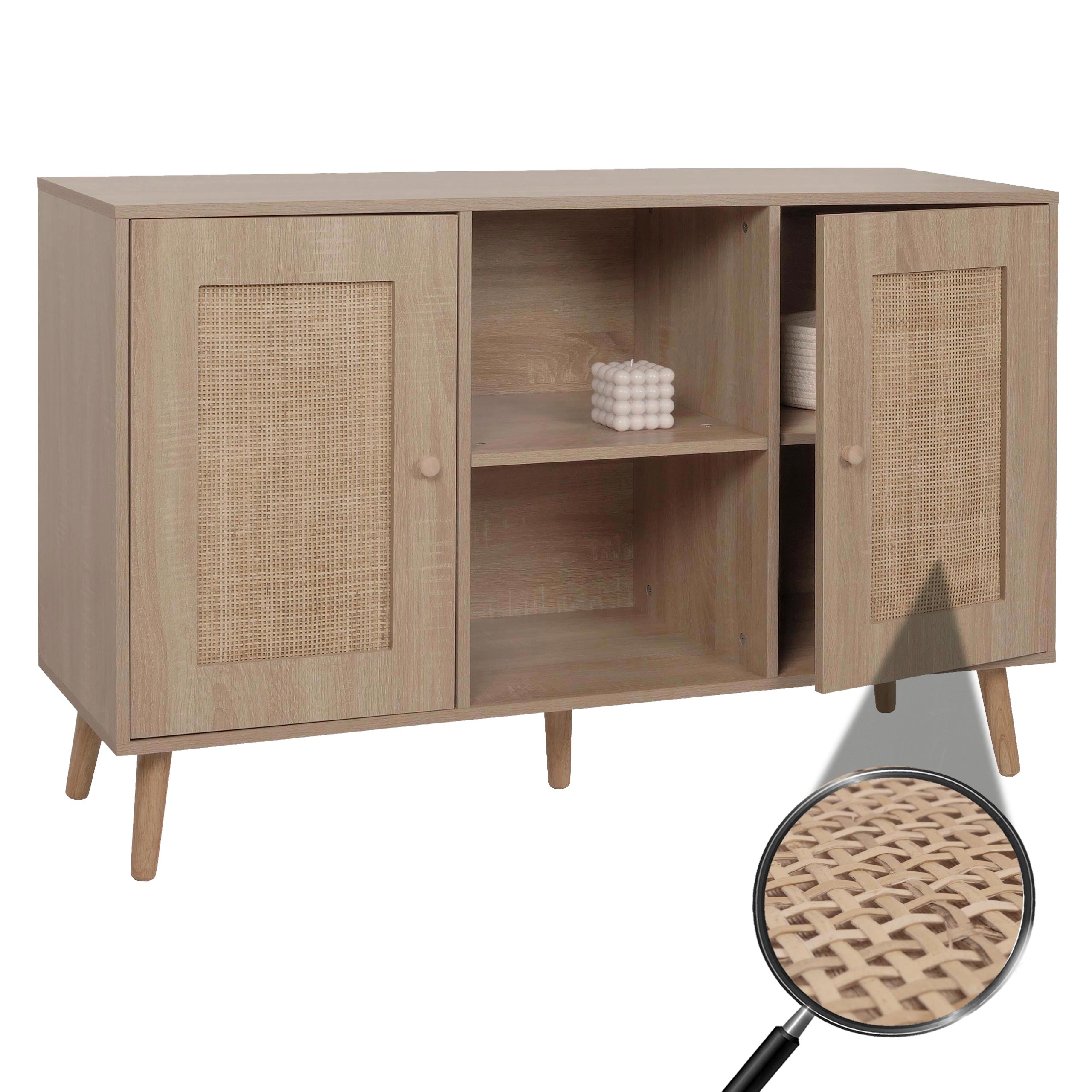 Sideboard MCW-M42, Schrank Kommode Highboard, Stauf&auml;cher, Kubu Rattan Holz Melamin, Eiche-Optik 