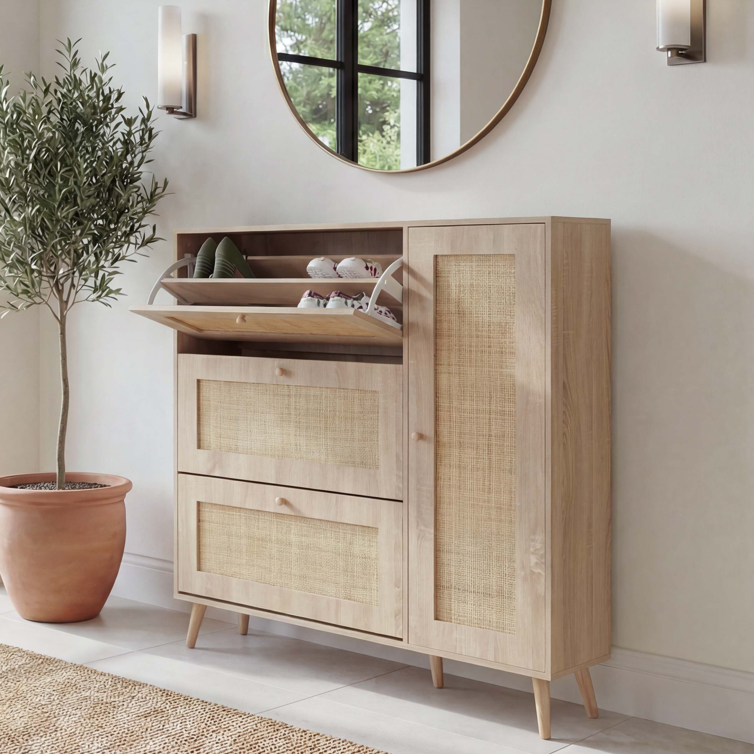 Rattan-Schuhkipper MCW-M37, Schuhregal Schuhschrank, 3 Kippf&auml;cher 2 Regalb&ouml;den 127x120x24cm Holz Melamin ~ Eiche-Optik 