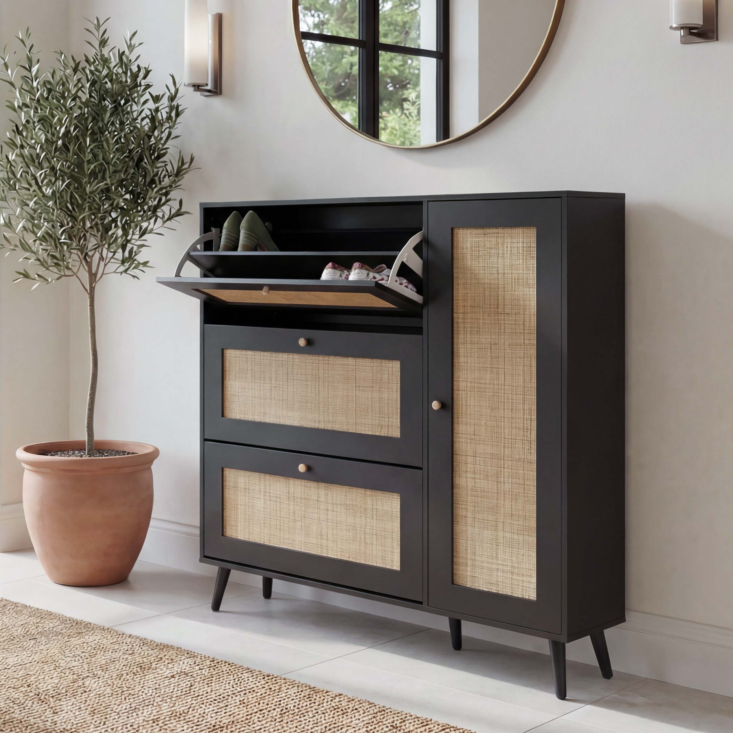 Rattan-Schuhkipper MCW-M37, Schuhregal Schuhschrank, 3 Kippf&auml;cher 2 Regalb&ouml;den 127x120x24cm Holz Melamin ~ schwarz 