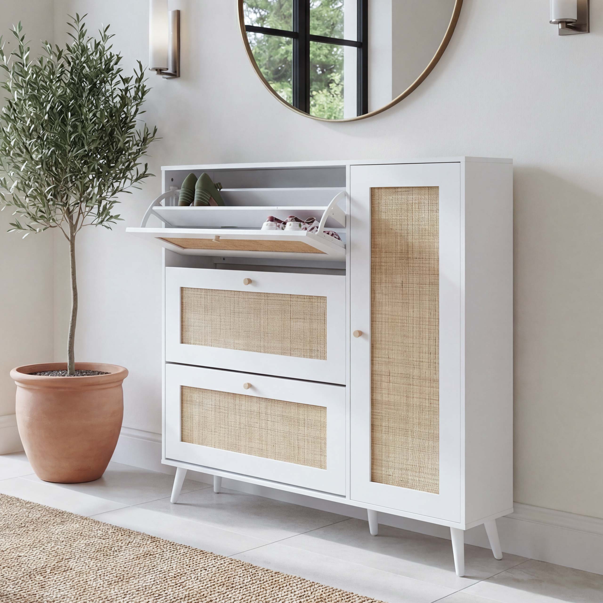 Rattan-Schuhkipper MCW-M37, Schuhregal Schuhschrank, 3 Kippf&auml;cher 2 Regalb&ouml;den 127x120x24cm Holz Melamin ~ wei&szlig; 