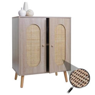 Kommode MCW-M35, Schrank Sideboard Highboard, Staufächer, Kubu Rattan Holz Melamin, Eiche-Optik 