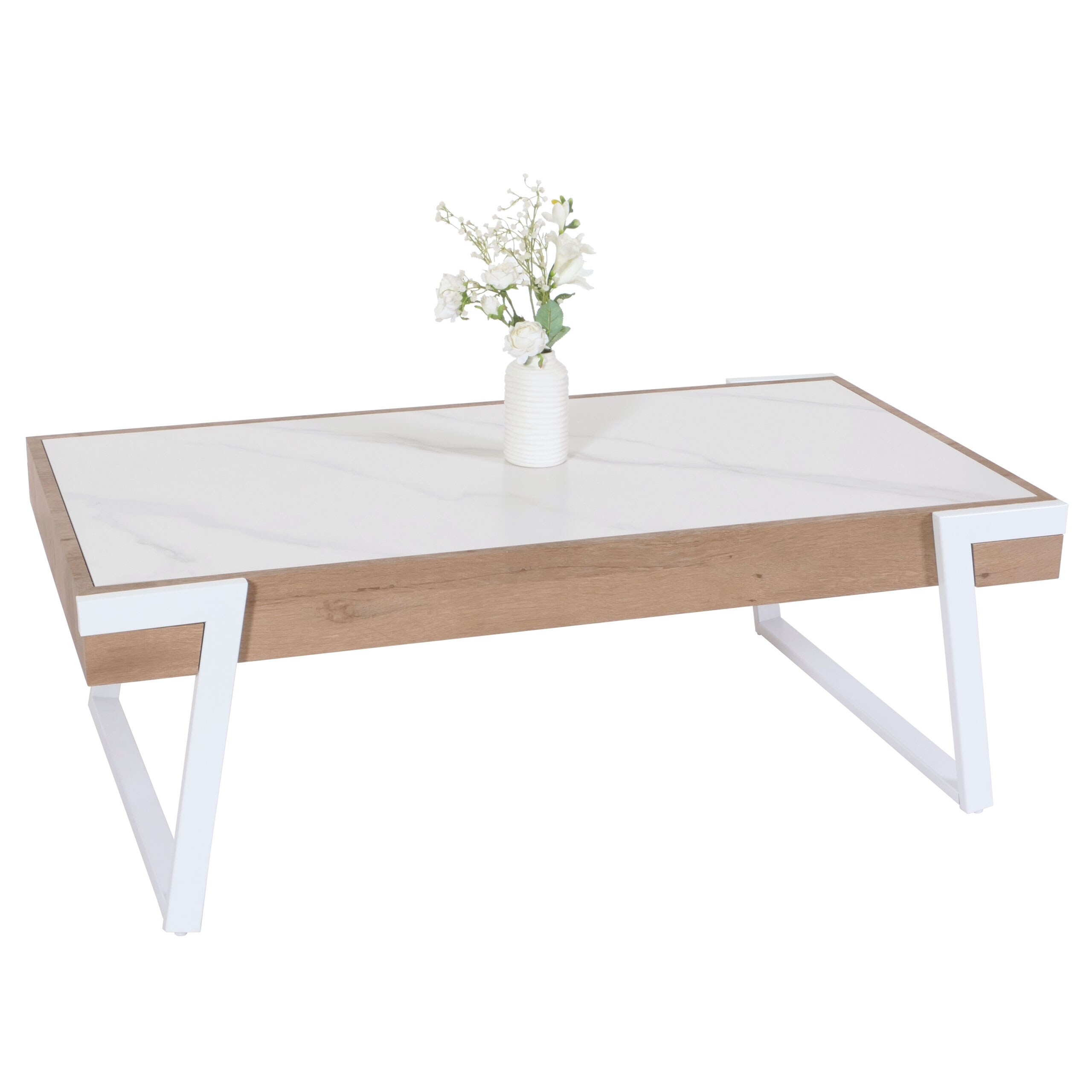 Couchtisch MWC-L89, Sofatisch Wohnzimmertisch, Eisen 43x120x64cm Sinterstein Marmor-Optik wei&szlig; Holz natur 