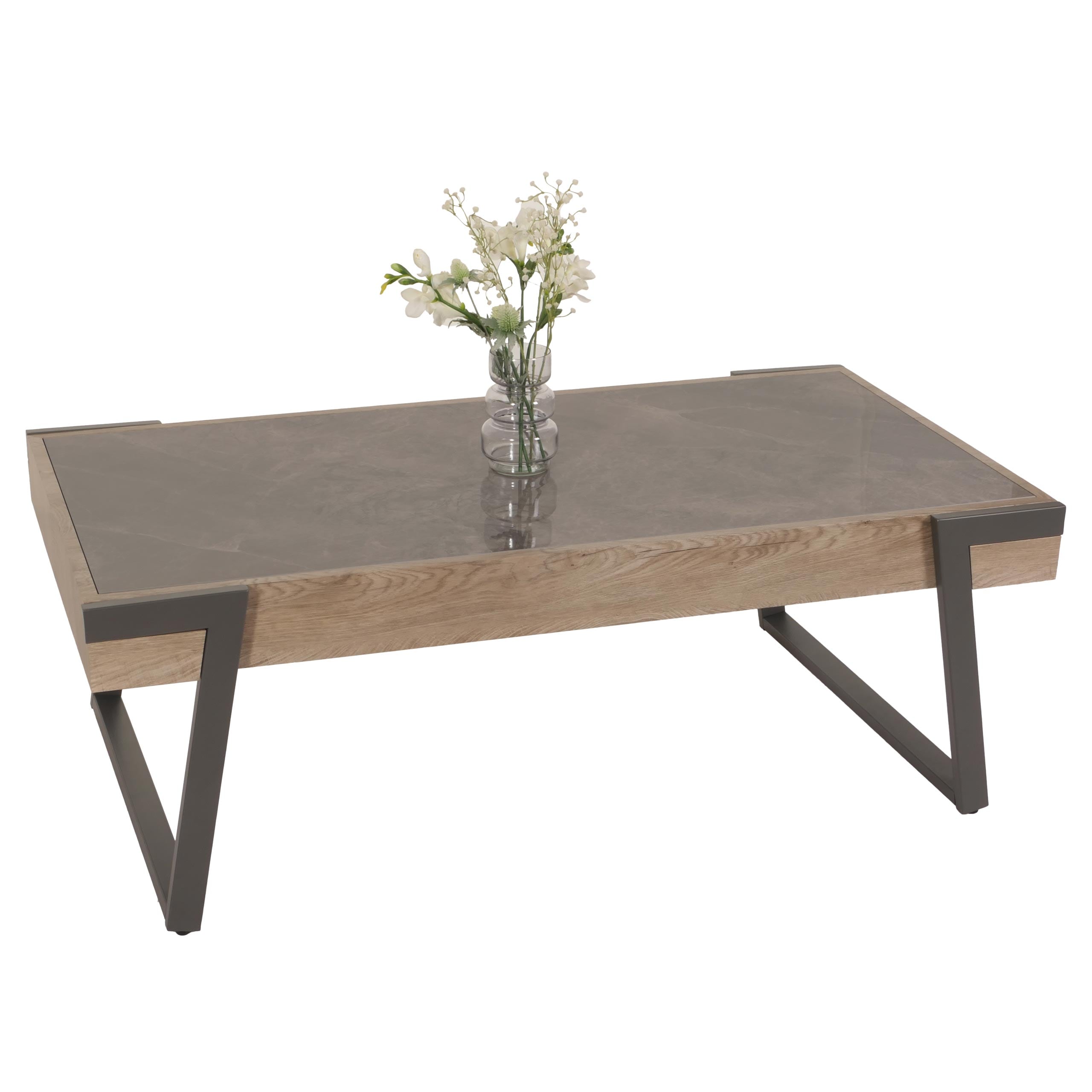 Couchtisch MCW-L89, Sofatisch Wohnzimmertisch, Eisen 43x120x64cm Sinterstein Marmor-Optik grau Holz grau-braun 