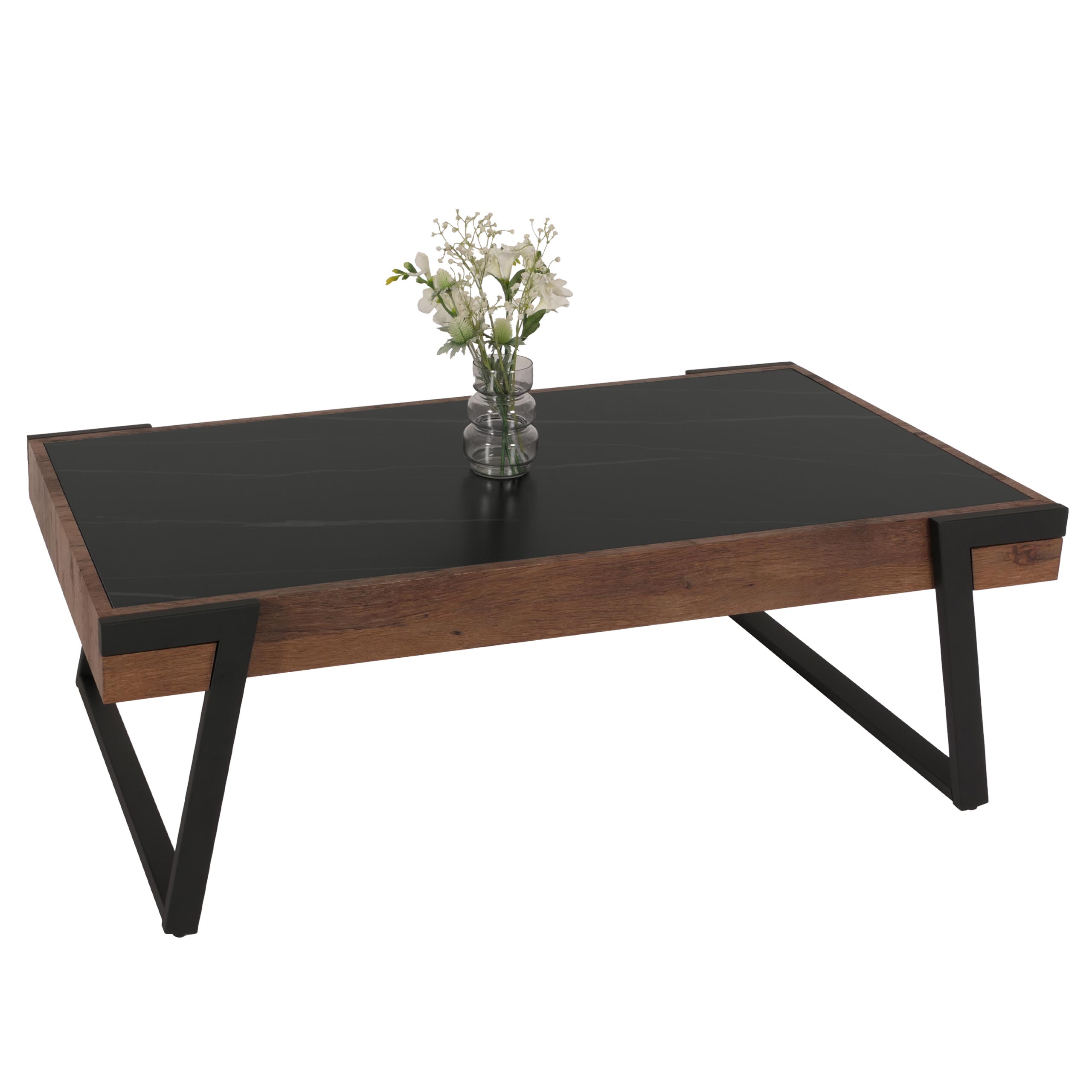 Couchtisch MCW-L89, Sofatisch Wohnzimmertisch, Eisen 43x120x64cm Sinterstein Marmor-Optik schwarz Holz dunkelbraun 