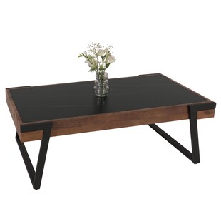 Couchtisch MCW-L89, Sofatisch Wohnzimmertisch, Eisen 43x120x64cm Sinterstein Marmor-Optik schwarz Holz dunkelbraun 