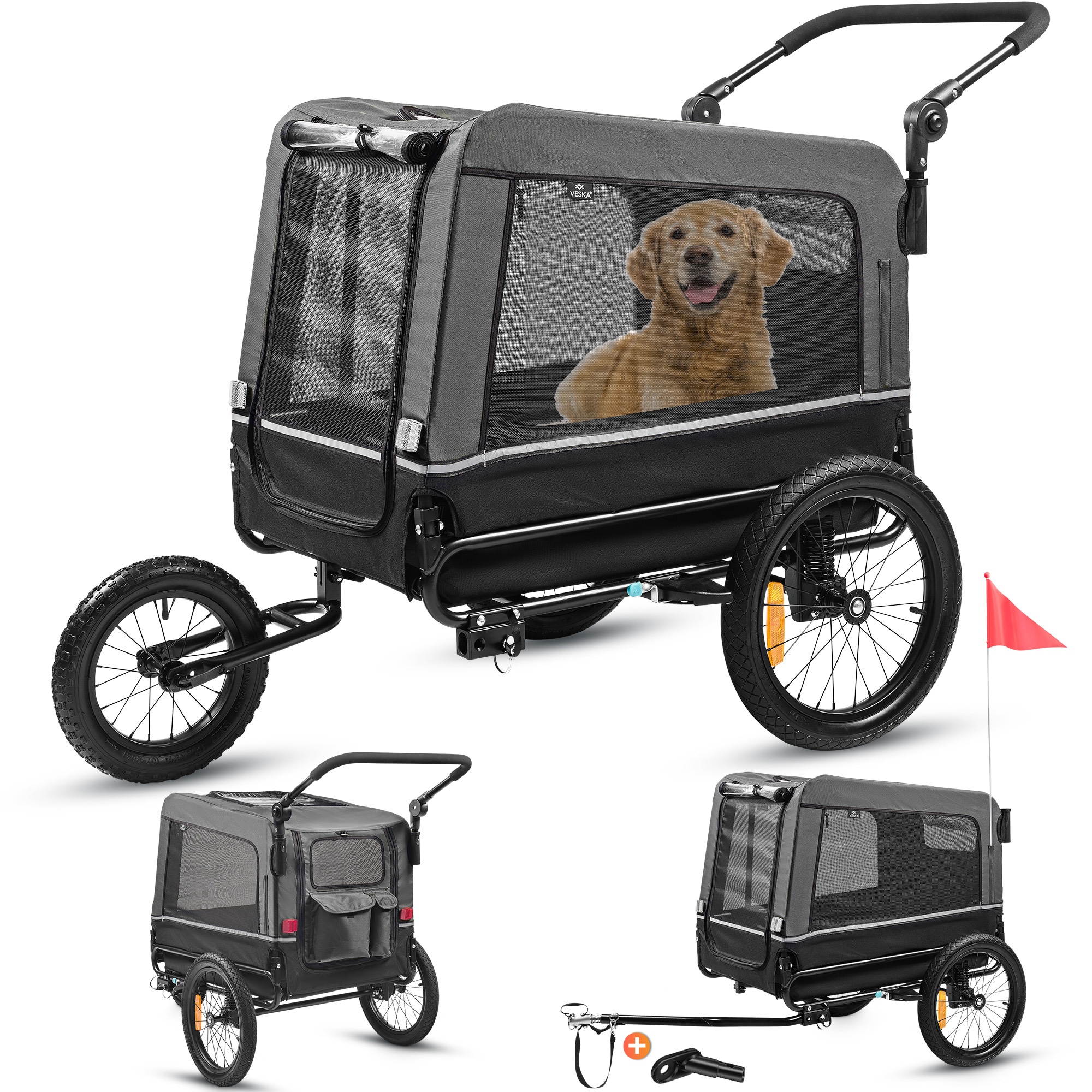 VESKA&reg; Hundeanh&auml;nger 3in1 Fahrradanh&auml;nger, Hundebuggy, Jogger f&uuml;r Hunde, gro&szlig;er Laderaum 240 Liter, Hundewagen mit Dual Federung, faltbar in Anthrazit/Schwarz 