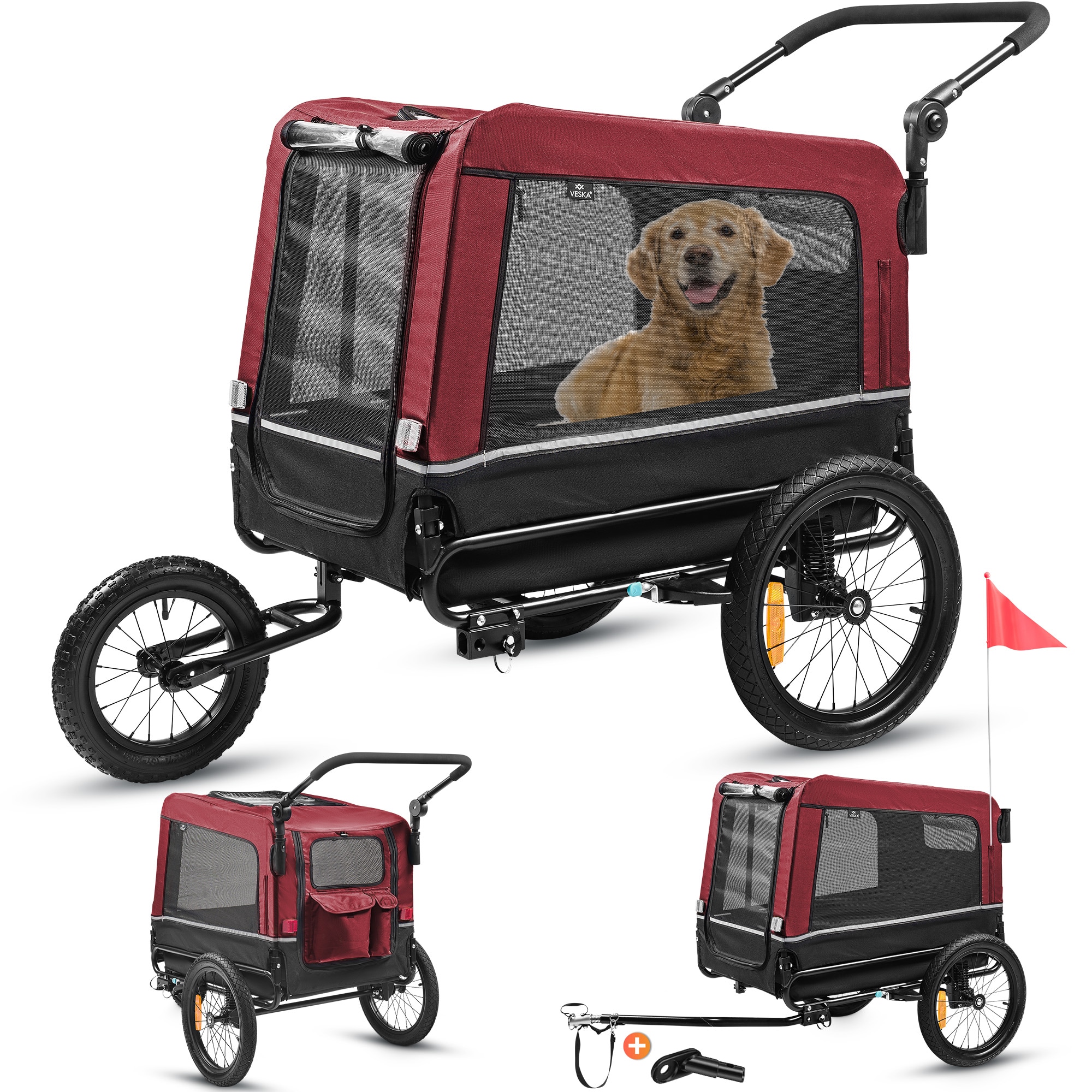 VESKA&reg; Hundeanh&auml;nger 3in1 Fahrradanh&auml;nger, Hundebuggy, Jogger f&uuml;r Hunde, gro&szlig;er Laderaum 240 Liter, Hundewagen mit Dual Federung, faltbar in Rot/Schwarz 