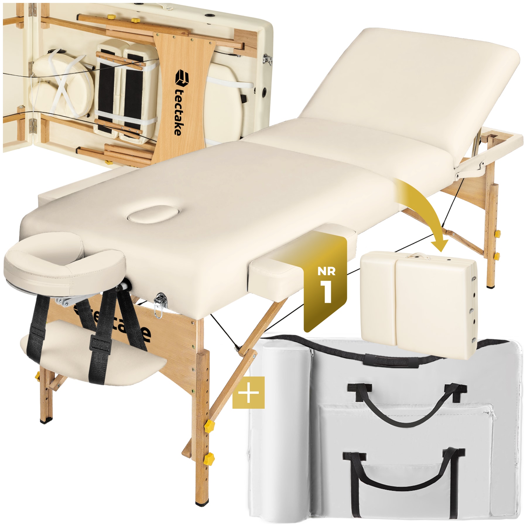 tectake&reg; 3 Zonen Massageliege, Breite 70 cm, Polsterung 10 cm, mit Holzgestell, 218 x 102 x 90 cm 
