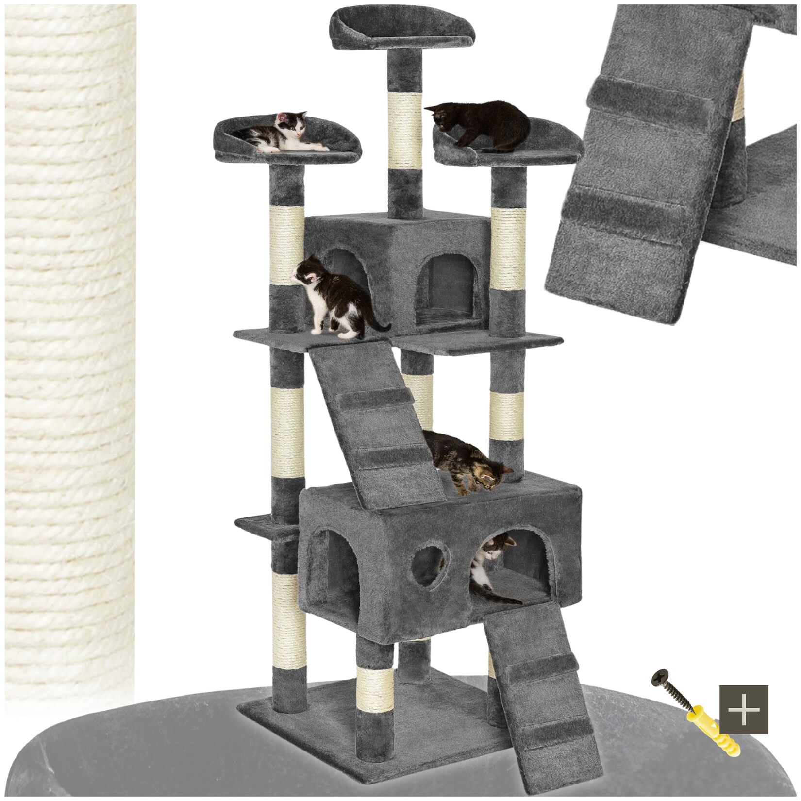 tectake® Kratzbaum, 170 cm, mit 2 Katzenhäusern, inklusive 2 Treppen und Kippschutz