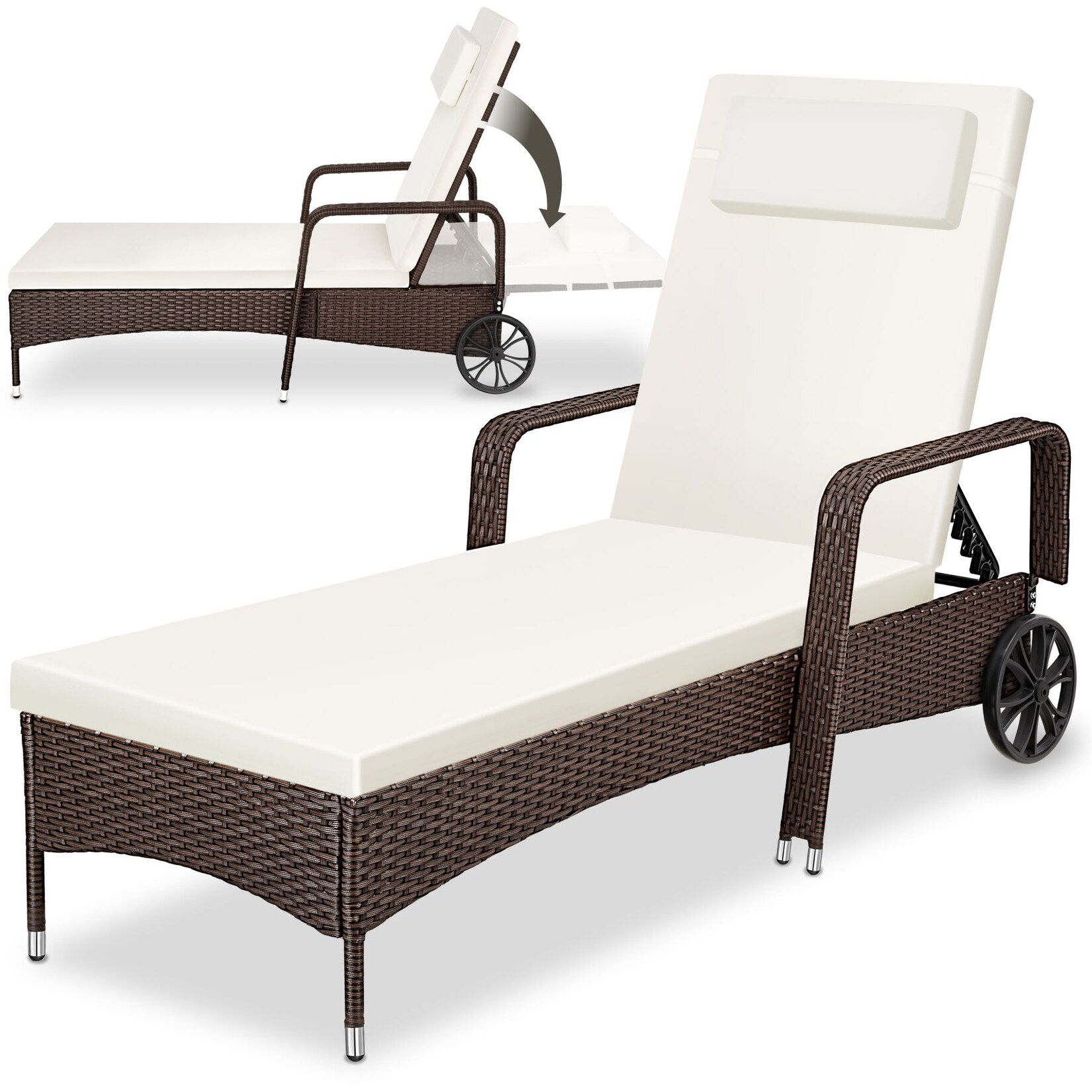 tectake® Rattan Sonnenliege, widerstandsfähig, 6-fach verstellbare Rückenlehne, 200 x 70 x 33 cm