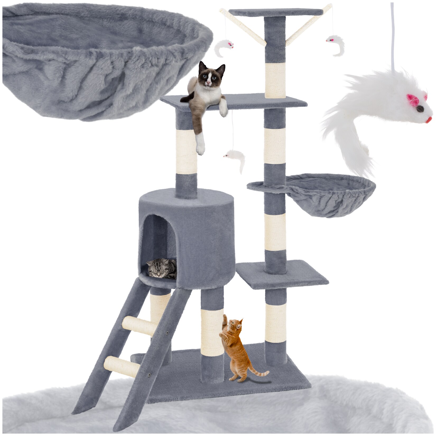 tectake® Kratzbaum, 144 cm, mit Katzenhaus, inklusive Treppe, 3 Spielmäusen und Kippschutz