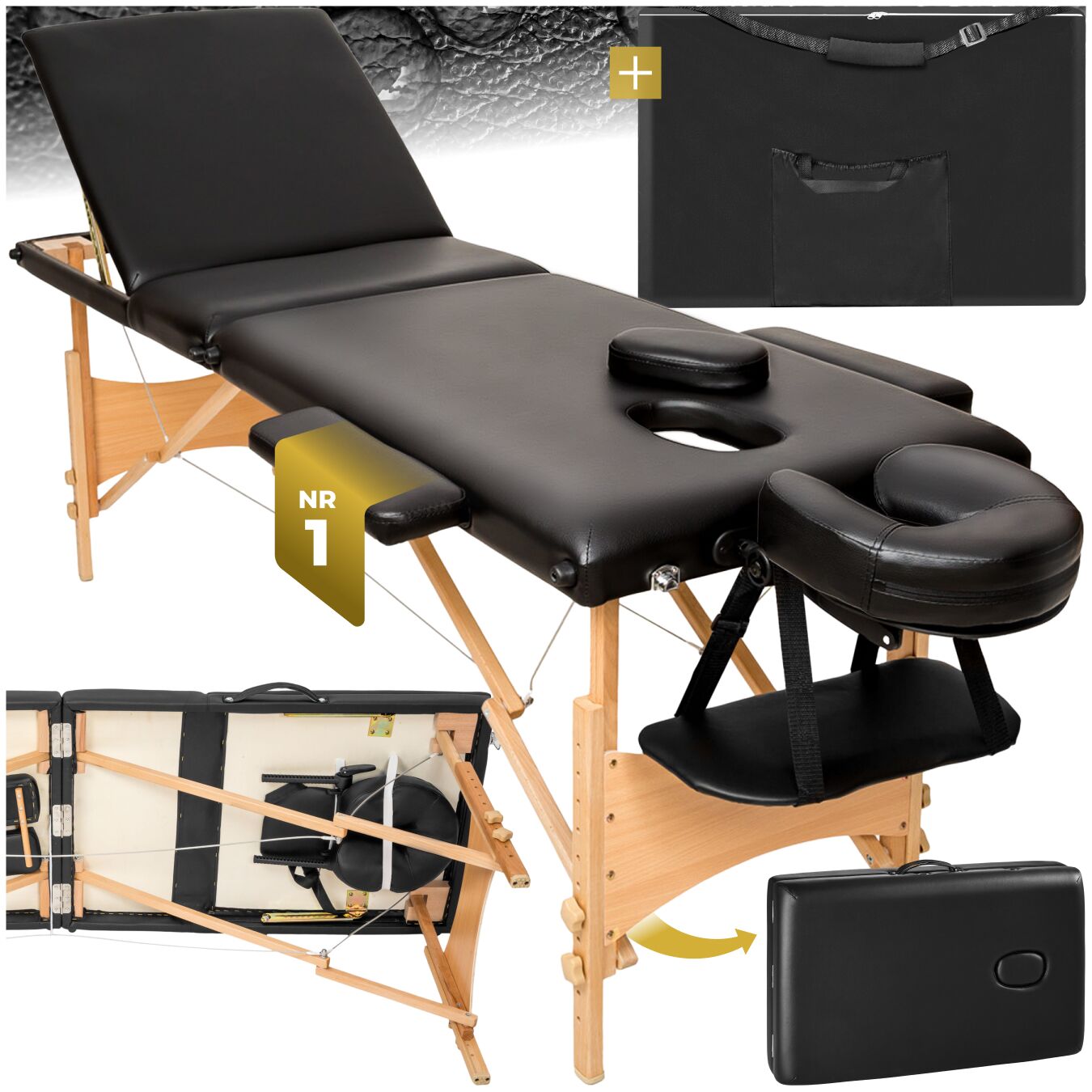 tectake&reg; 3 Zonen Massageliege, Breite 60 cm, Polsterung 5 cm, mit Holzgestell, 210 x 95 x 84 cm 