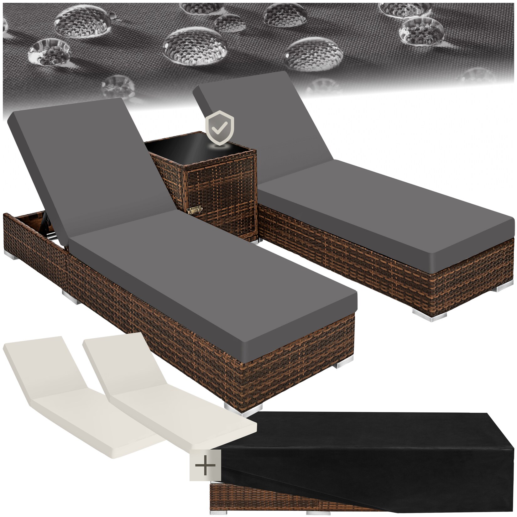 tectake® 2er Set Aluminium Rattan Sonnenliegen, wetterfest und UV-beständig, Tisch mit Staufach, inklusive 2 Bezugssets und Schutzhülle
