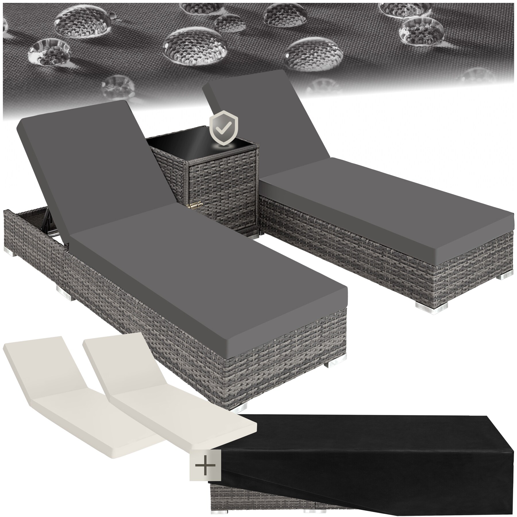 tectake&reg; 2er Set Aluminium Rattan Sonnenliegen, wetterfest und UV-best&auml;ndig, Tisch mit Staufach, inklusive 2 Bezugssets und Schutzh&uuml;lle 