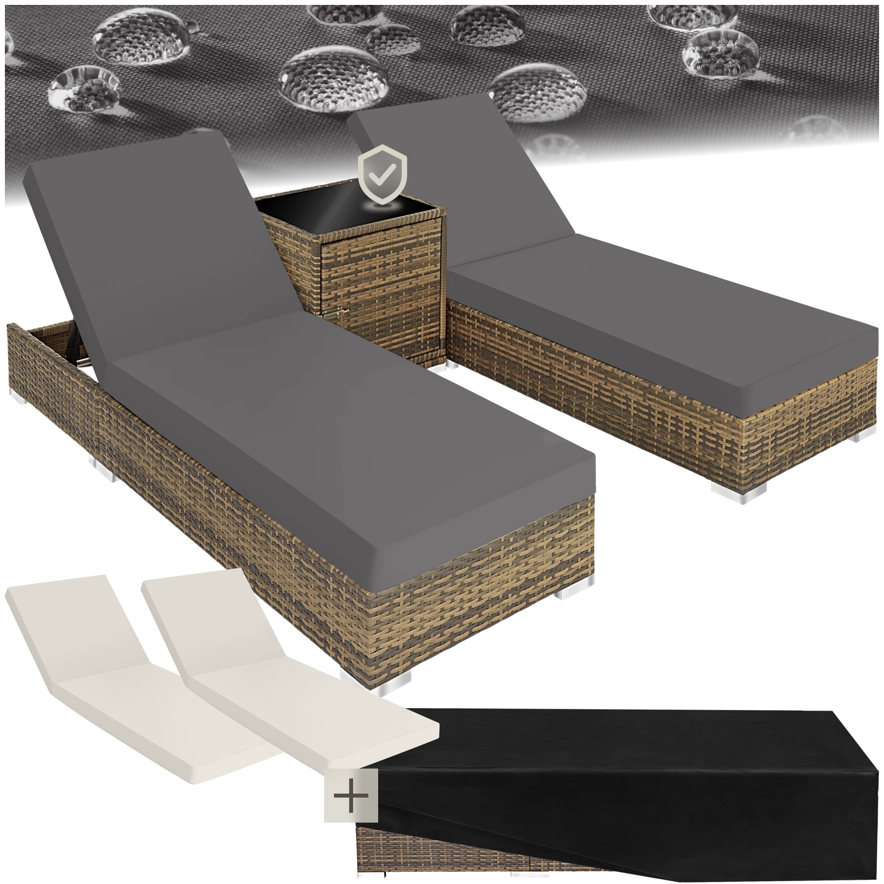tectake&reg; 2er Set Rattan Sonnenliegen, mit Aluminiumgestell, 5-fach verstellbare R&uuml;ckenlehne, Dicke des Polsters 7,5 cm, wetterfest und UV-best&auml;ndig 