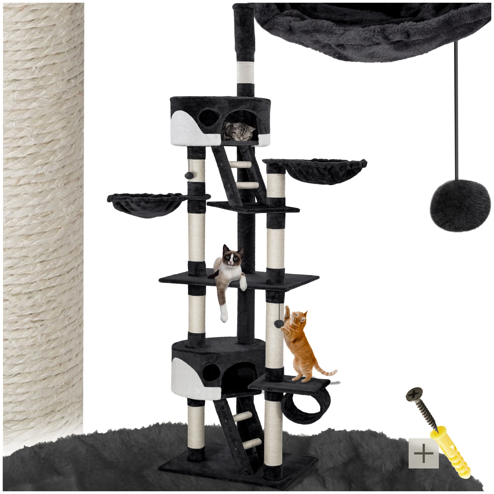 tectake® Kratzbaum, 243 bis 260 cm, mit 2 Katzenhäusern, inklusive 2 Treppen, 2 Spielbällen, Deckenspanner und Kippschutz