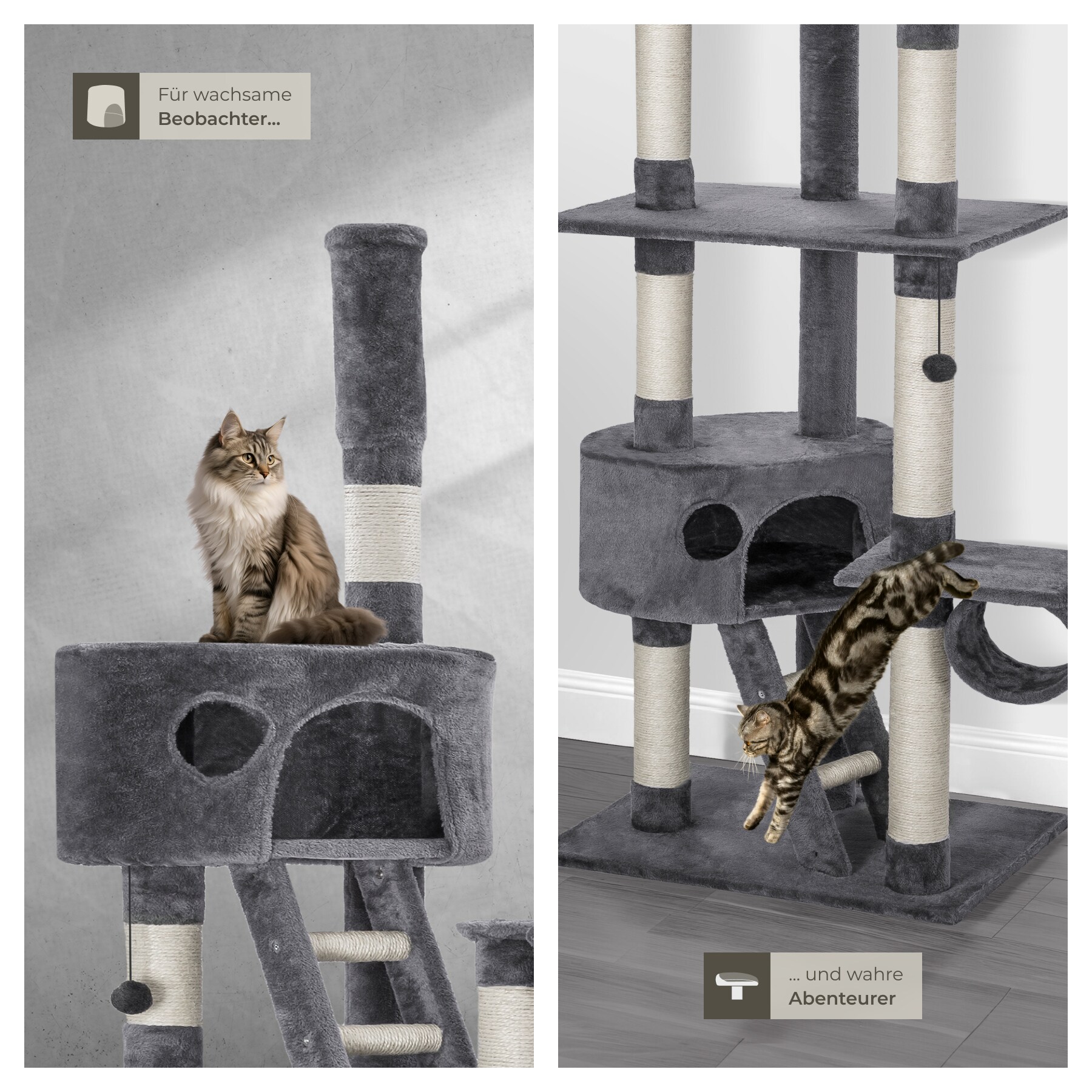 tectake Kratzbaum, 243 bis 260 cm, mit 2 Katzenhusern, inklusive 2  Treppen, 2 Spielbllen, Deckenspanner und Kippschutz bei Marktkauf online  bestellen