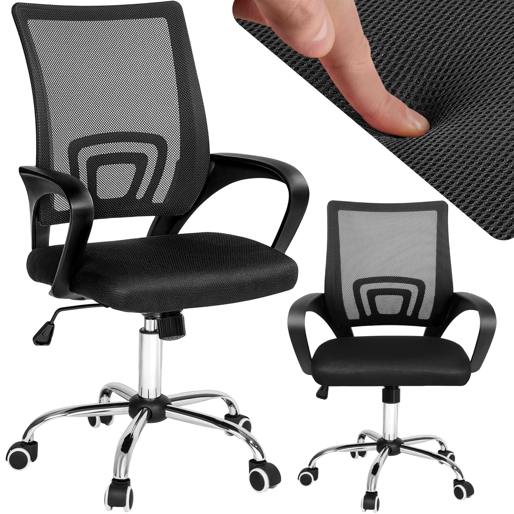 tectake® Bürostuhl, ergonomische Form mit Lordosenstütze, mit Netzstoffbezug, geschwungene Armlehnen, stufenlos höhenverstellbar
