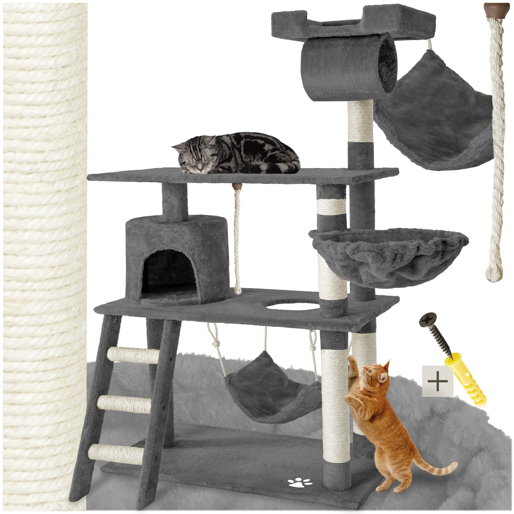 tectake® Kratzbaum, 141 cm, mit Katzenhaus, inklusive Treppe, Spielkordel und Kippschutz