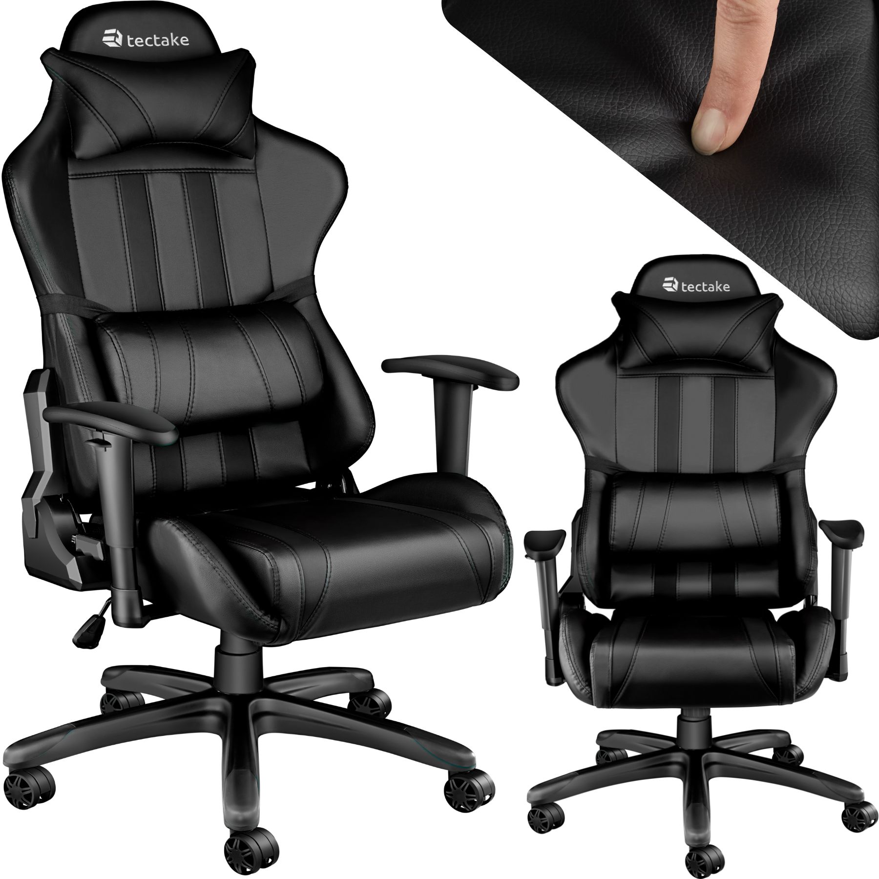tectake&reg; Racing Gaming Stuhl, ergonomische Form, mit verstellbarer R&uuml;ckenlehne, Kunstlederbezug, abnehmbares Nacken- und Lendenkissen, Belastbarkeit 120 kg 