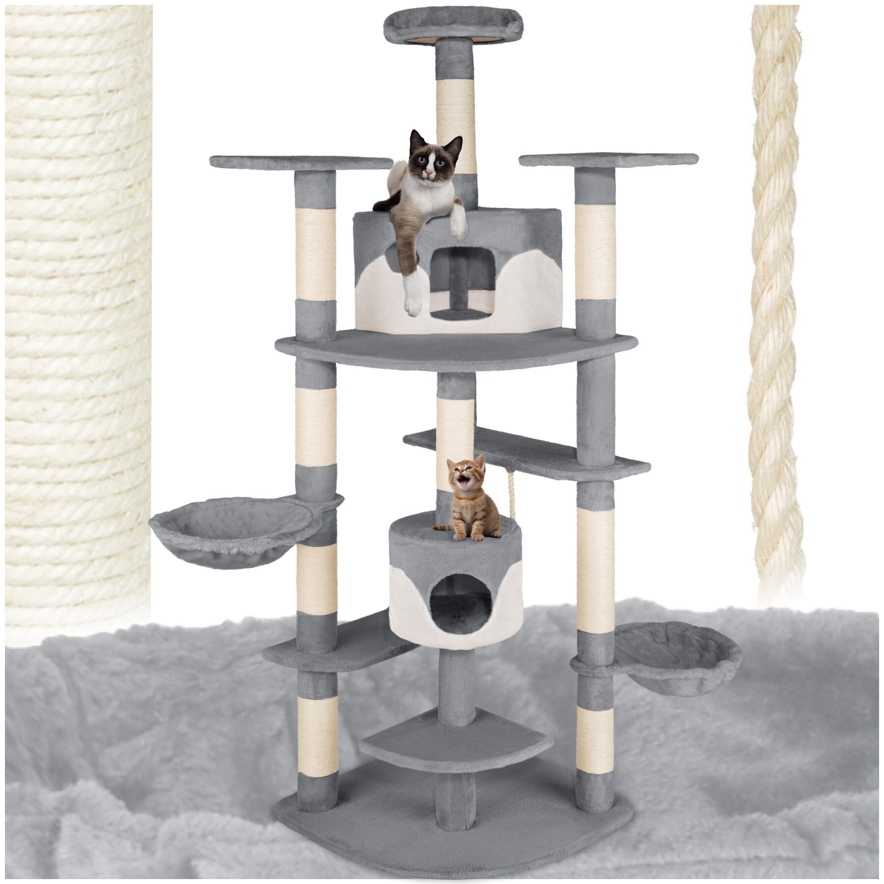tectake&reg; Kratzbaum, 204 cm, mit 2 Katzenh&auml;usern, inklusive Spielkordel und Kippschutz 