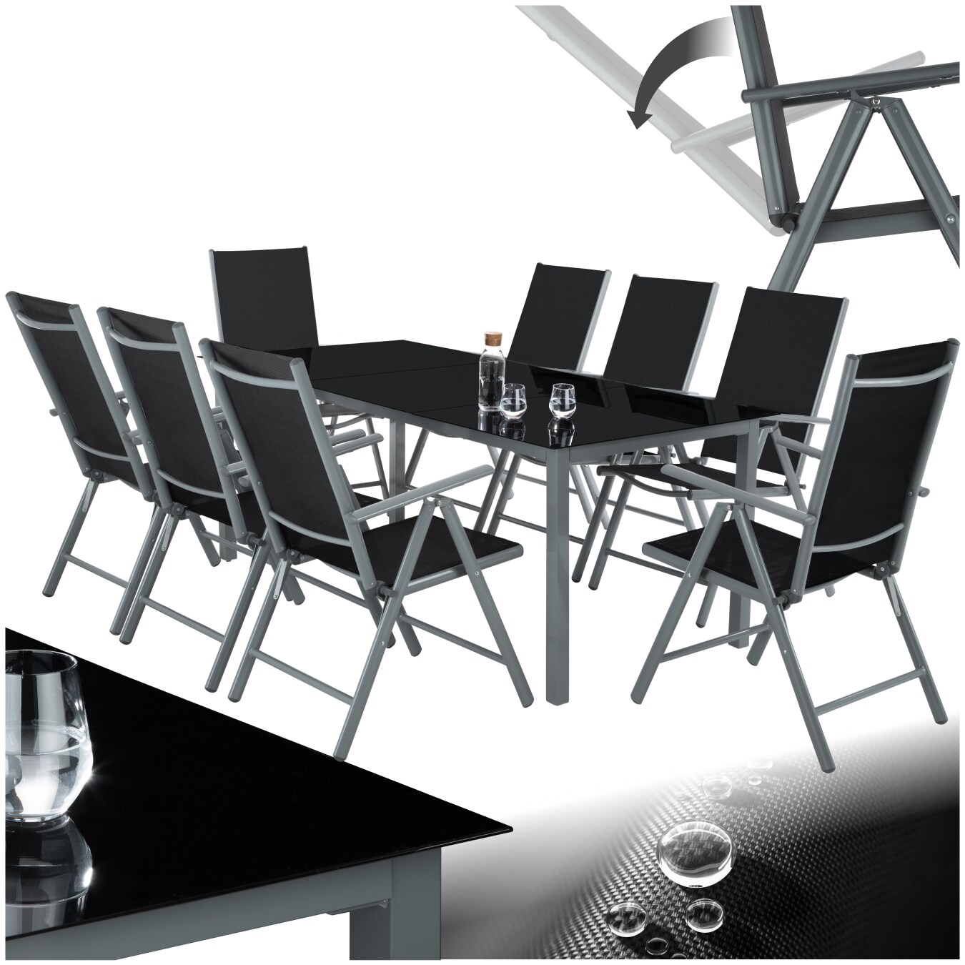 tectake® Aluminium Sitzgruppe, mit Aluminiumgestell, für 8 Personen, UV-beständig, Tisch mit Sicherheitsglasplatten und Ausgleichsschrauben