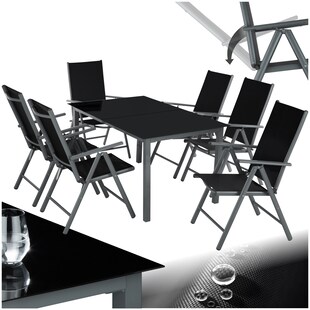tectake® Sitzgruppe, mit Aluminiumgestell, für 6 Personen, UV-beständig, Tisch mit Sicherheitsglasplatten und Ausgleichsschrauben 