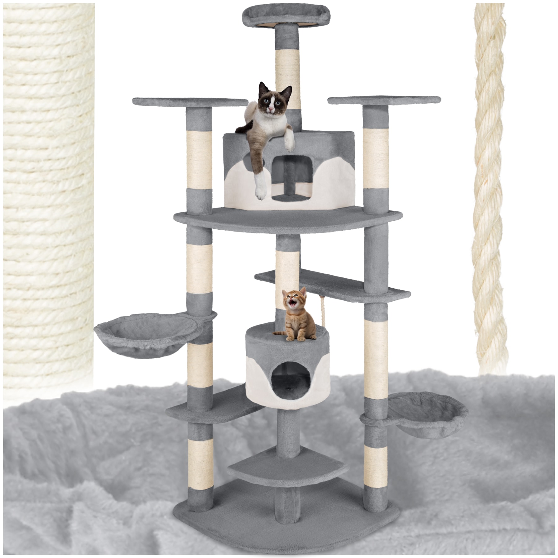 tectake&reg; Kratzbaum, 201 cm, mit 2 Katzenh&auml;usern, inklusive Spielkordel und Kippschutz 