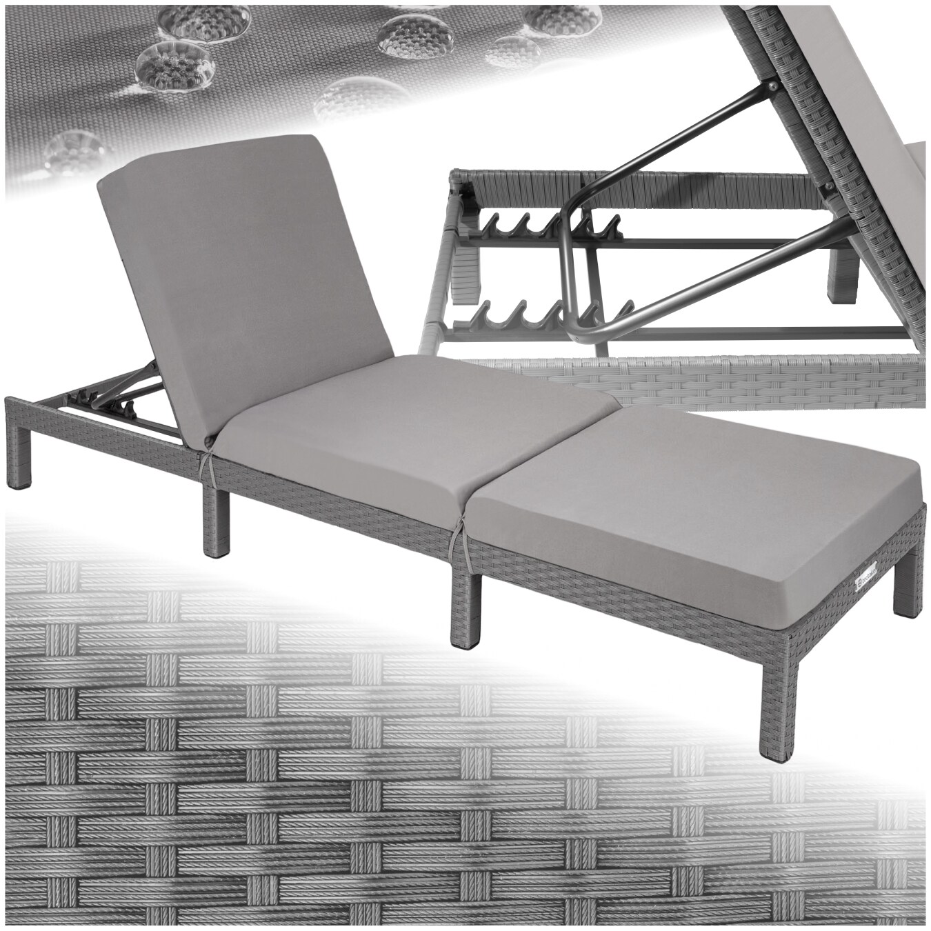 tectake® Rattan Sonnenliege, widerstandsfähig, 6-fach verstellbare Rückenlehne, 196 x 66 x 27 cm