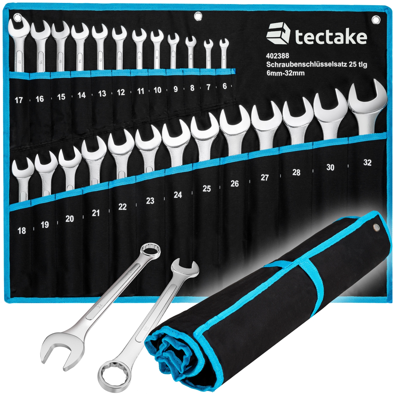tectake&reg; Maul-Ringschl&uuml;sselsatz, 25-teilig, 6 - 32 mm, inklusive Rolltasche mit &Ouml;sen 