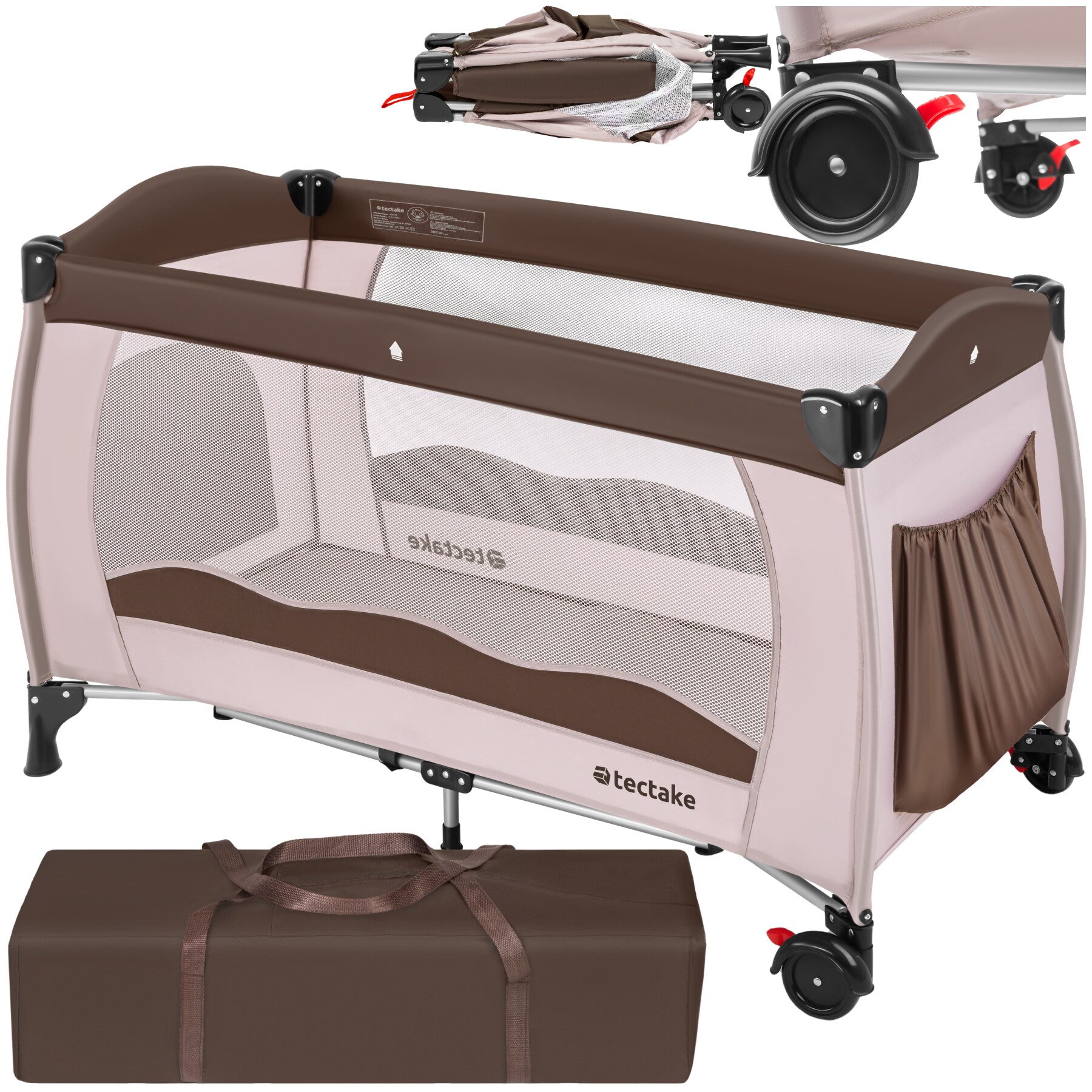 tectake&reg; Kinder Reisebett, klappbar, 2 Rollen mit Bremsen, inklusive Tragetasche, 126 x 65 x 80 cm 