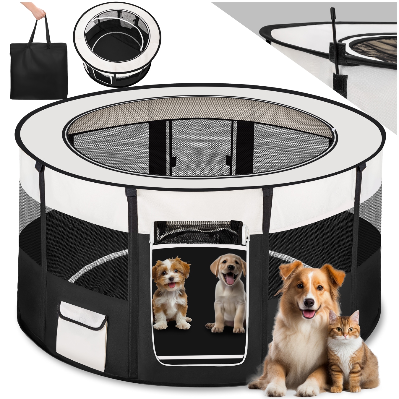 tectake&reg; Welpenauslauf, faltbar, f&uuml;r Innen- und Au&szlig;enbereich, 2 Eing&auml;nge und 8 Fenster, 114 x 60,5 cm, inklusive Tragetasche 