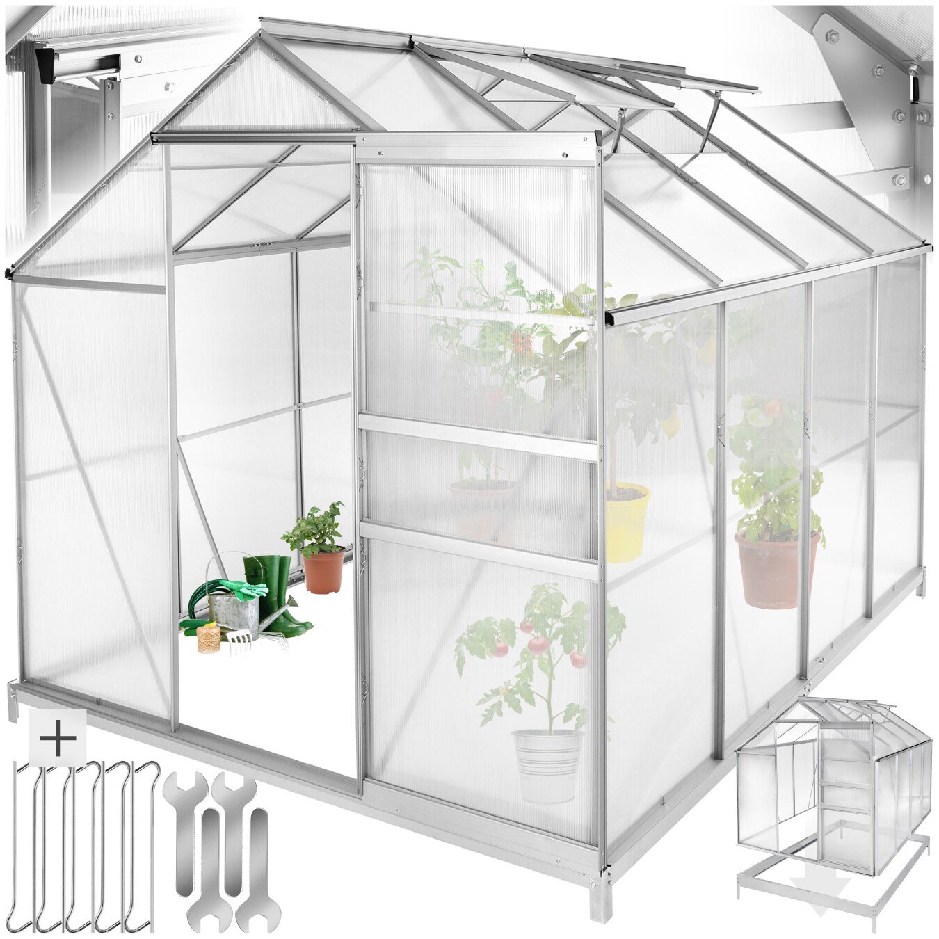 tectake® Gewächshaus mit Fundament, 7,7 m³, UV-beständig und wärmedämmend, 185 x 250 x 195 cm