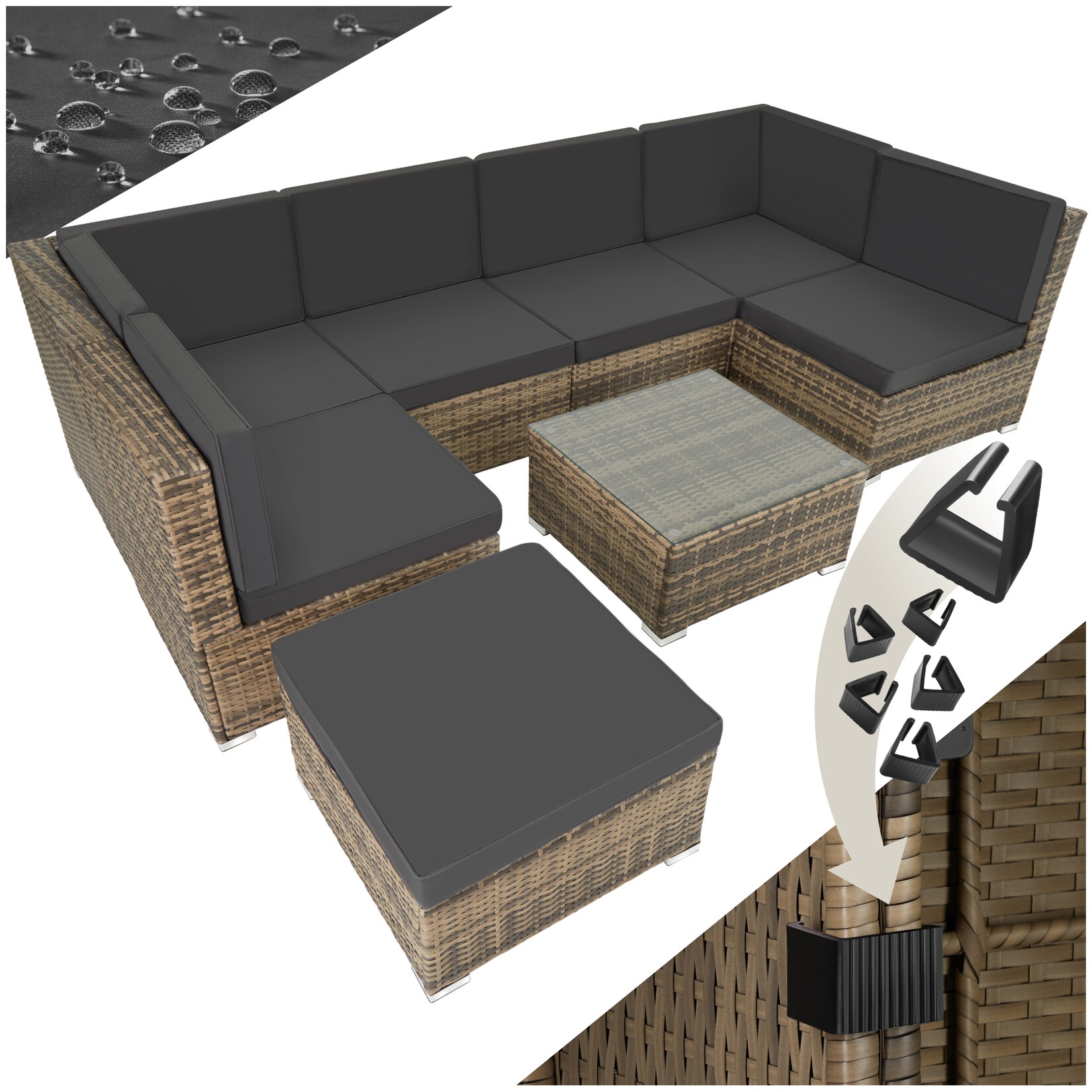 tectake® Rattan Lounge, für 6 bis 7 Personen, UV-beständig, mit Sicherheitsglasplatte