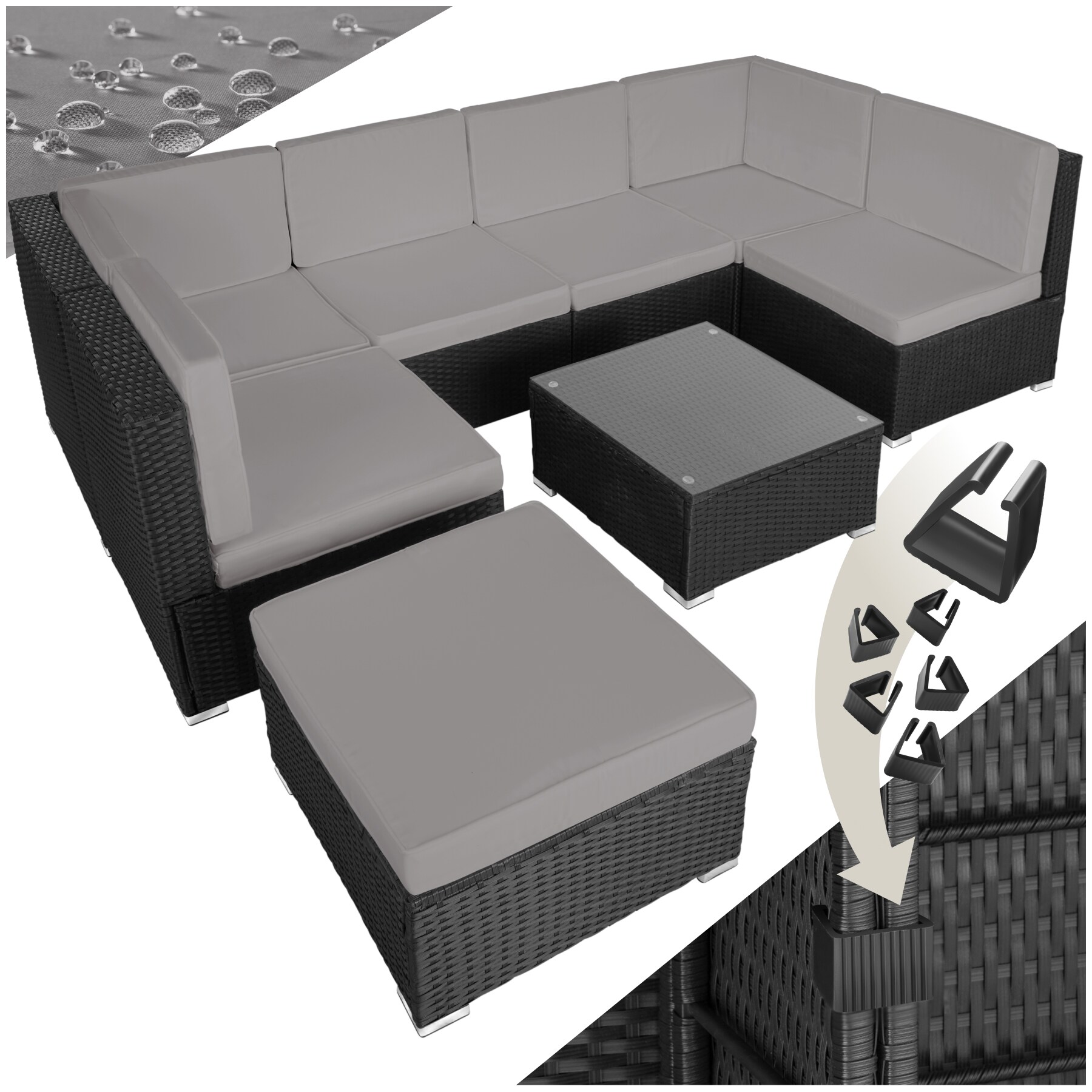 tectake&reg; Rattan Lounge, f&uuml;r 6 bis 7 Personen, UV-best&auml;ndig, mit Sicherheitsglasplatte 