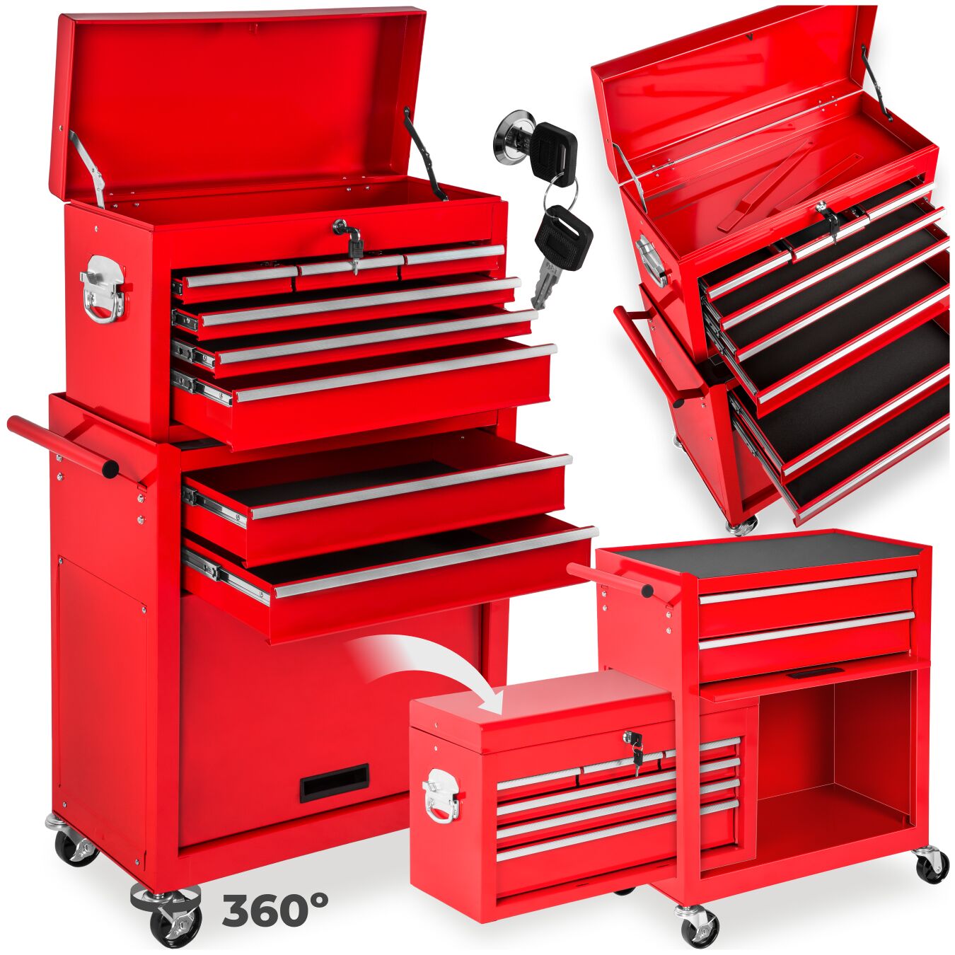 tectake&reg; Werkzeugwagen, 8 kugelgelagerte Schubladen mit Antirutschmatten, gro&szlig;es Klappfach, mobiler Kofferaufsatz mit zentraler Sicherheitsverriegelung, Rollen &Oslash; 100 mm 