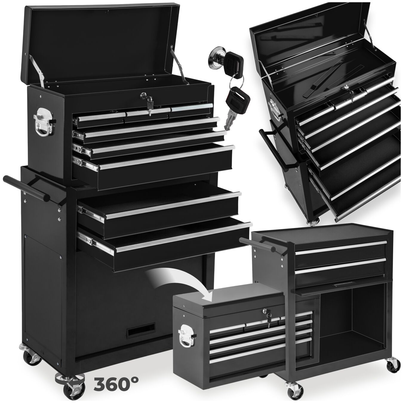 tectake&reg; Werkzeugwagen, 8 kugelgelagerte Schubladen mit Antirutschmatten, gro&szlig;es Klappfach, mobiler Kofferaufsatz mit zentraler Sicherheitsverriegelung, Rollen &Oslash; 100 mm 