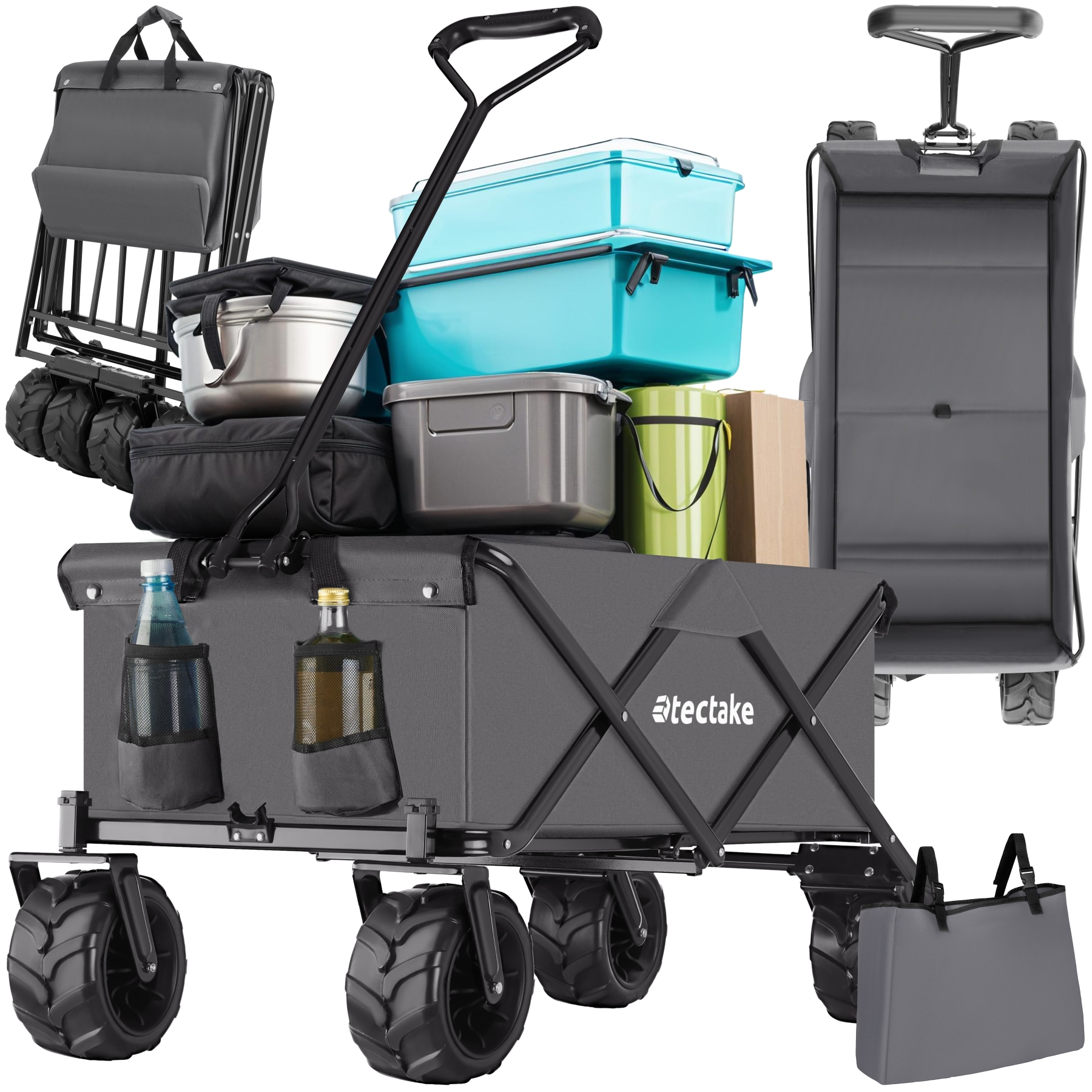 tectake&reg; Bollerwagen, faltbar, abnehmbarer Stoffeinsatz mit 2 Netztaschen, inklusive Tragetasche, Belastbarkeit 80 kg 
