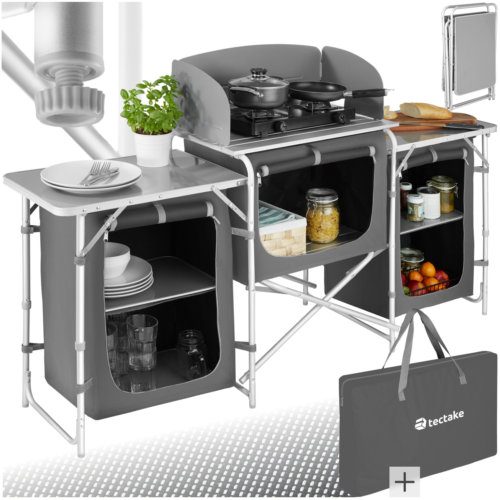 tectake® Campingküche XXL mit Aluminiumgestell und 5 Fächern, faltbar, mit großem Stauraum und Windschutz, 172 x 52 x 104 cm