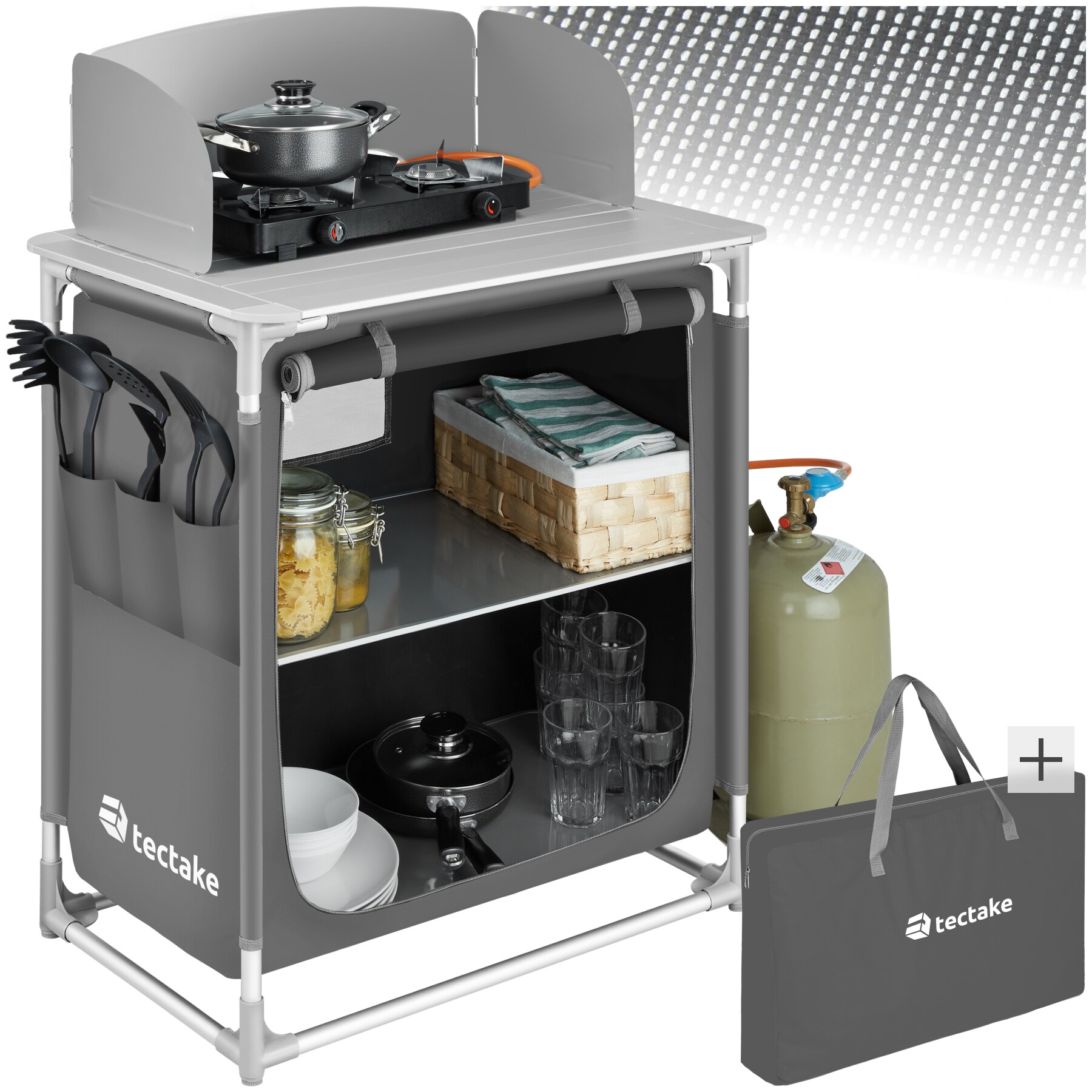 tectake&reg; Campingk&uuml;che Premium mit 2 F&auml;chern, faltbar, mit 2 gro&szlig;en F&auml;chern und Windschutz, 76 x 53,5 x 107 cm 