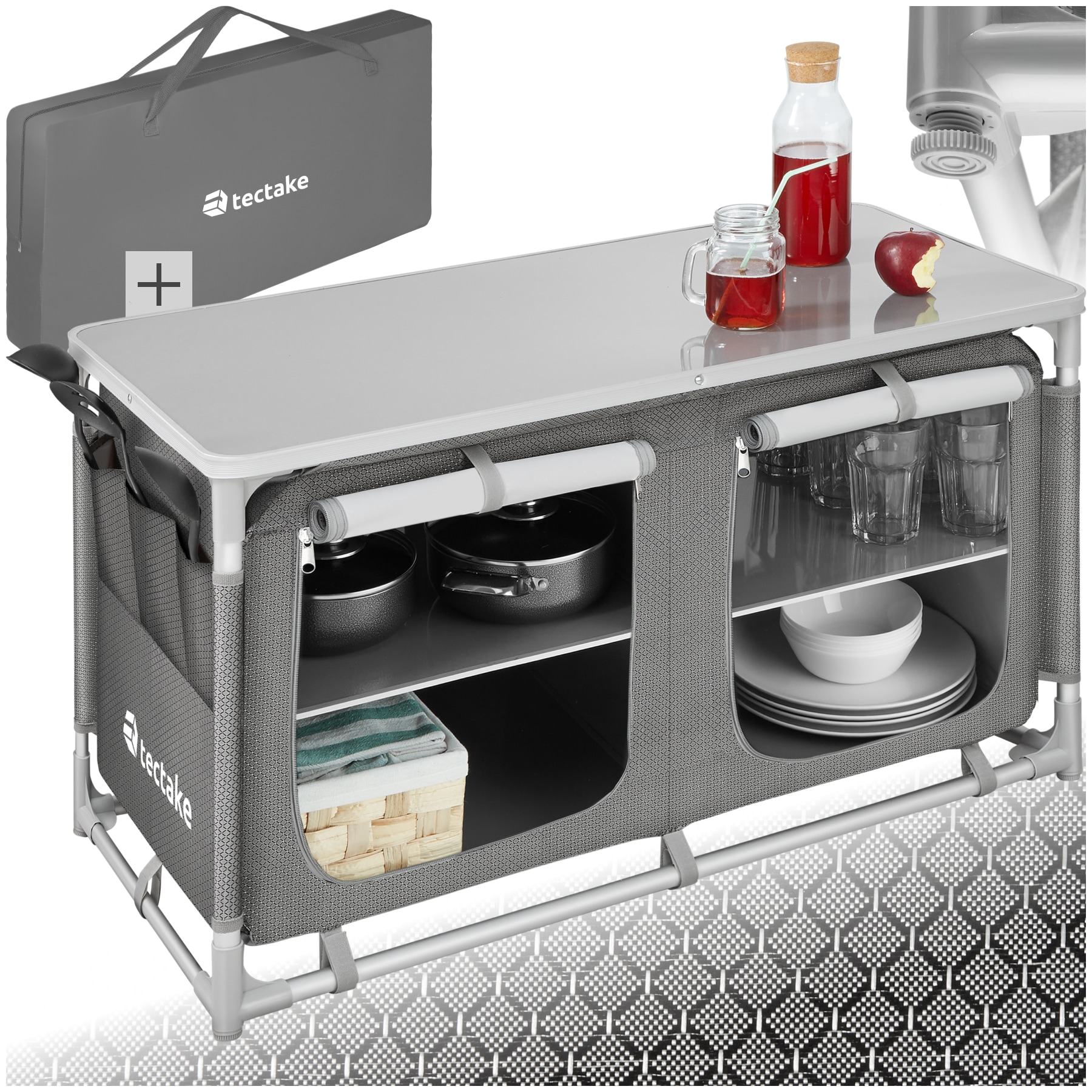 tectake&reg; Campingschrank Komfort mit 4 F&auml;chern, faltbar, Stauraum mit 4 F&auml;chern, 97 x 47,5 x 56,5 cm 