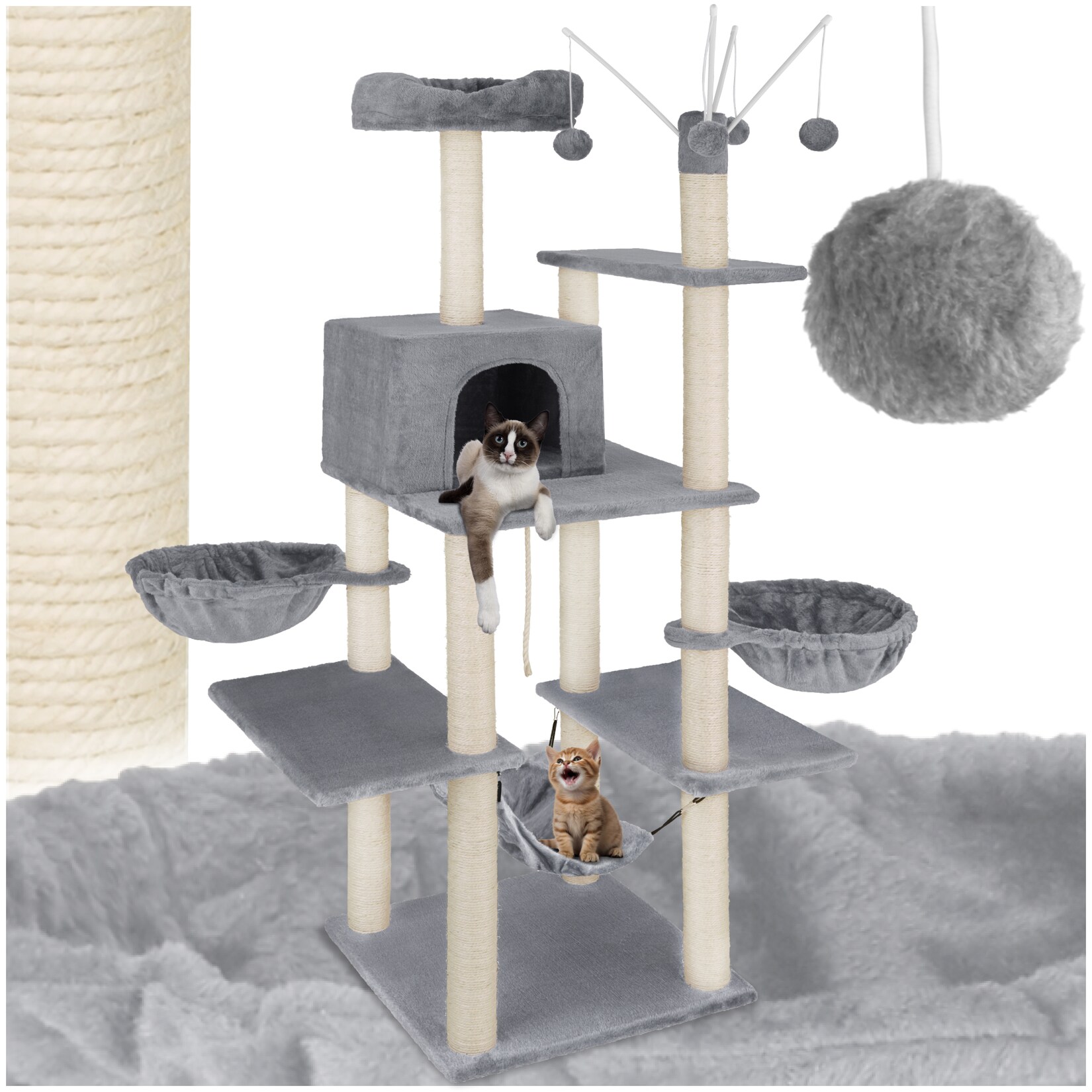 tectake® Kratzbaum, 165 cm, mit Katzenhaus, inklusive 4 Spielbällen, Kordel und Kippschutz