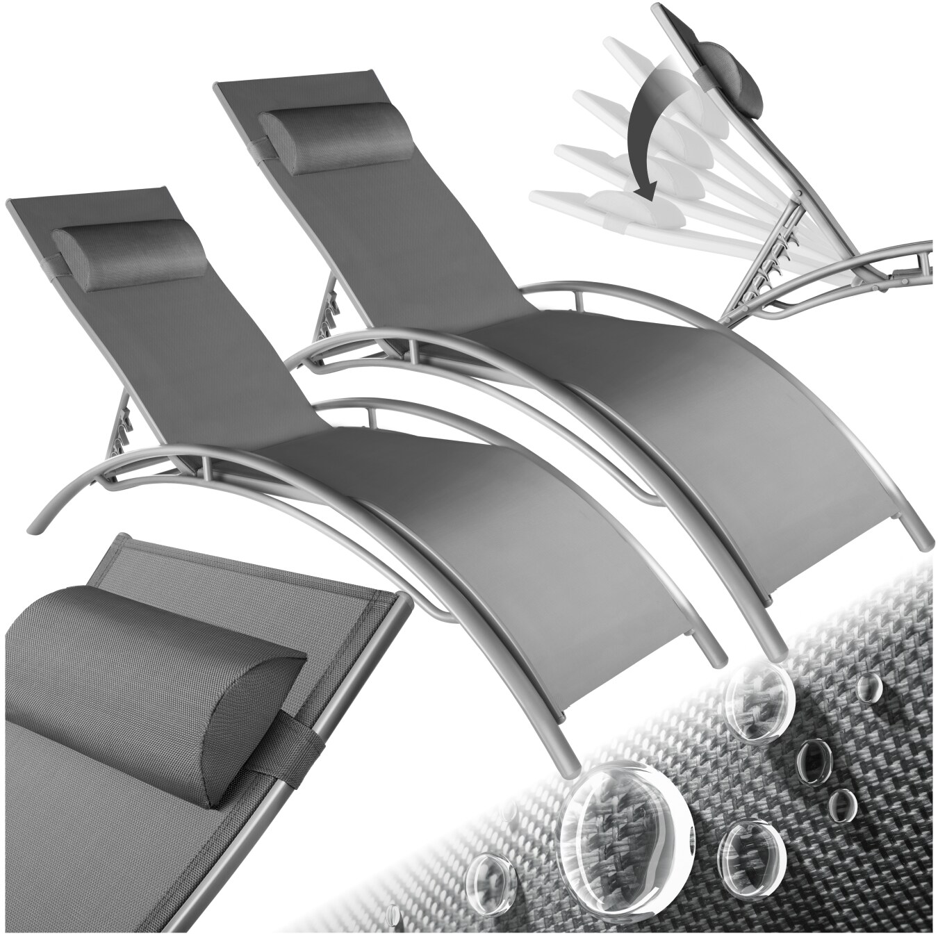 tectake&reg; 2er Set Gartenliege, Textilene-Gewebe, 5-fach verstellbare R&uuml;ckenlehne mit Kopfpolster, 180 x 59 x 50 cm 