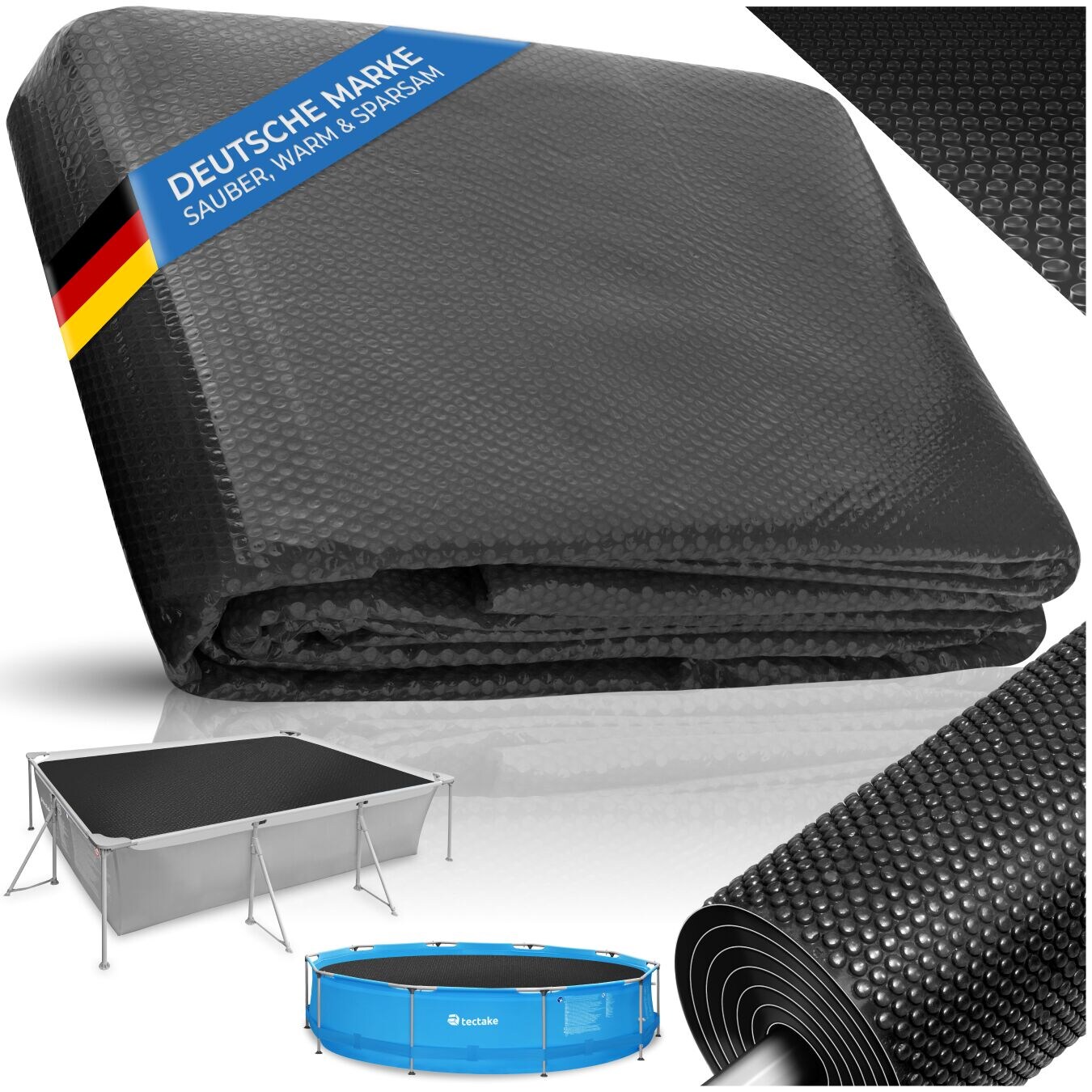 tectake® Pool-Solarfolie, rechteckig und selbstschwimmend, Stärke 200 µm, 500 x 1000 cm