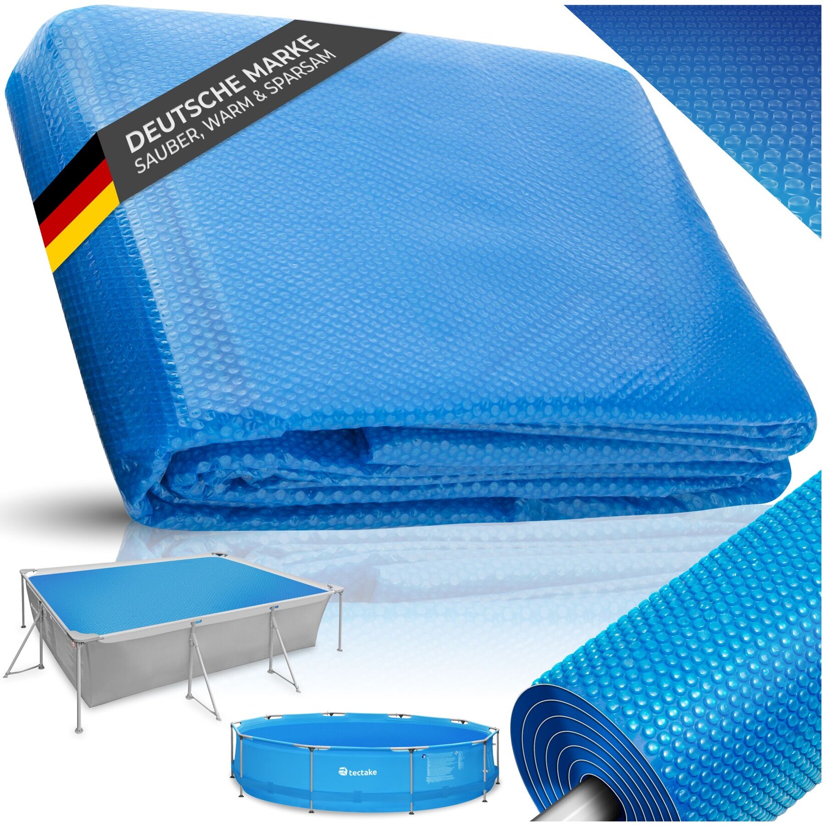 tectake® Pool-Solarfolie, rechteckig und selbstschwimmend, Stärke 200 µm, 500 x 800 cm