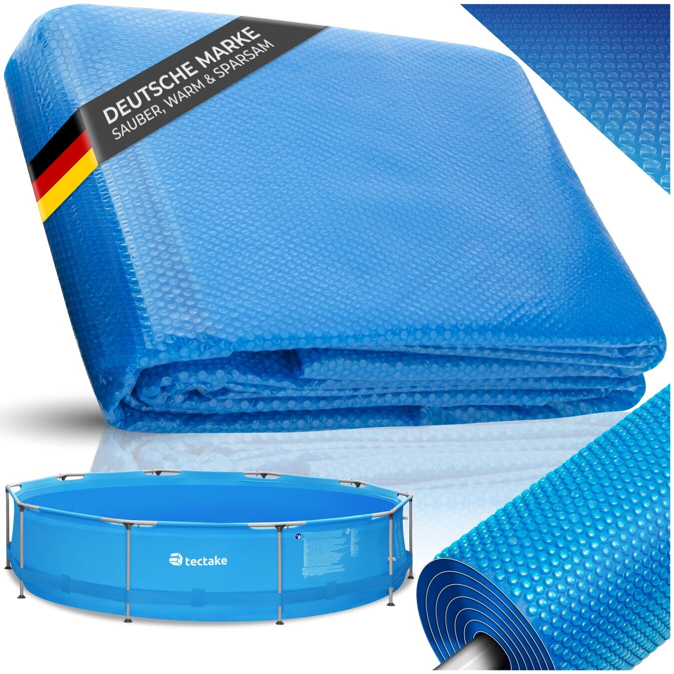 tectake® Poolabdeckung, rund und selbstschwimmend, Stärke 110 µm, Durchmesser 300 cm