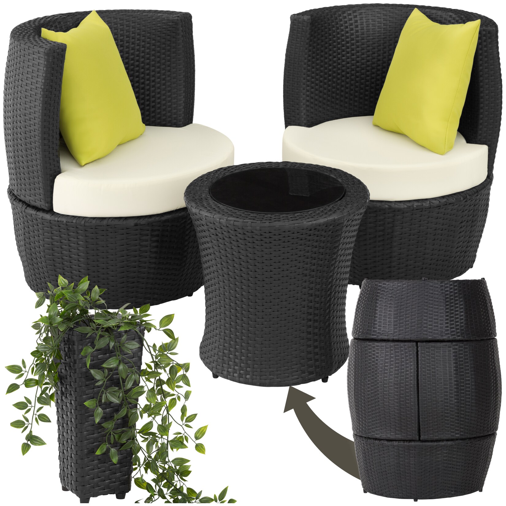 tectake® Aluminium Rattan Sitzgruppe, wetterfest und UV-beständig, mit Sicherheitsglasplatte, stapelbar