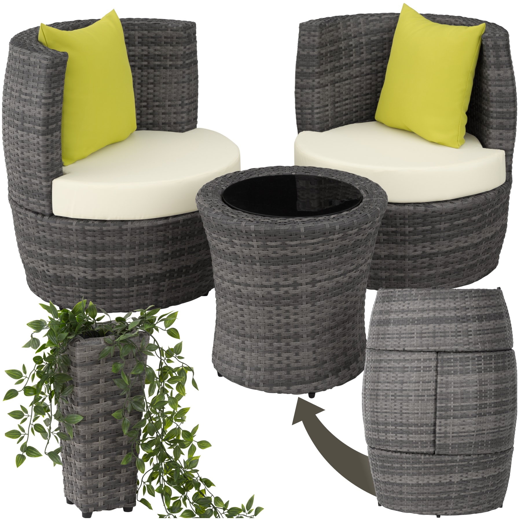 tectake&reg; Aluminium Rattan Sitzgruppe, wetterfest und UV-best&auml;ndig, mit Sicherheitsglasplatte, stapelbar 